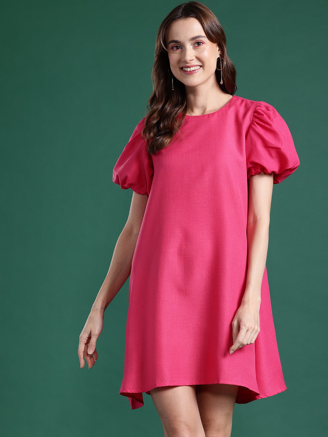 

DressBerry Puff Sleeve A-Line Mini Dress, Pink