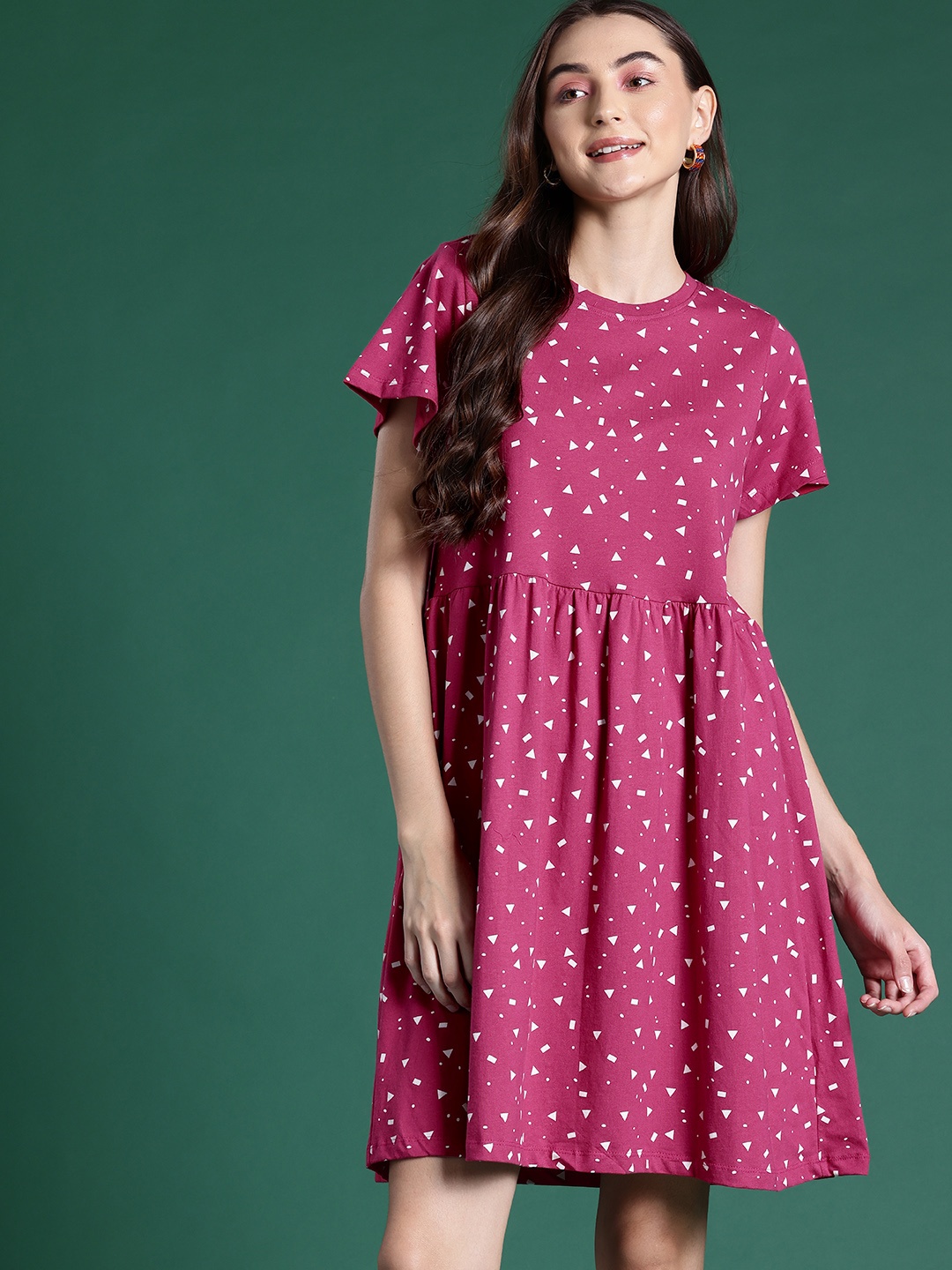 

DressBerry Geometric Printed Pure Cotton A-Line Dress, Pink