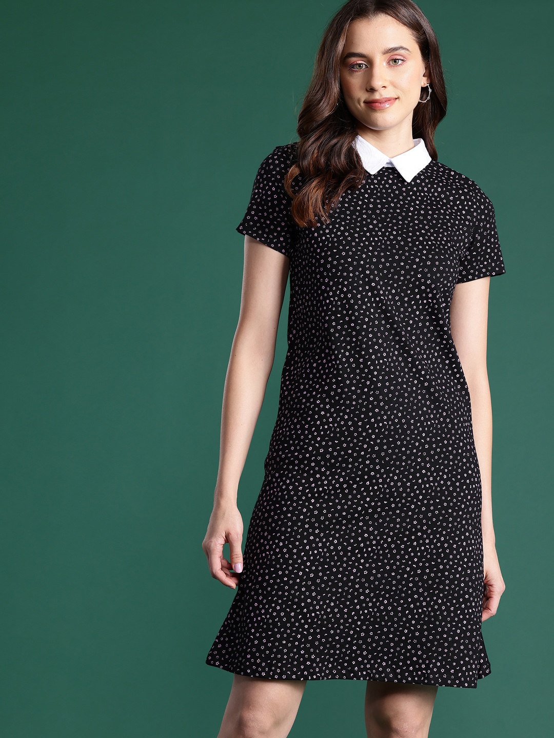 

DressBerry Bizwear Printed Peter Pan Collar Pure Cotton T-shirt Dress, Black