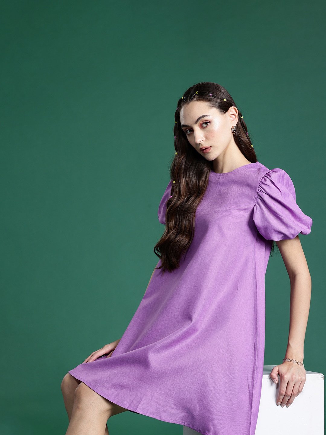 

DressBerry Solid Puff Sleeves A-Line Dress, Lavender