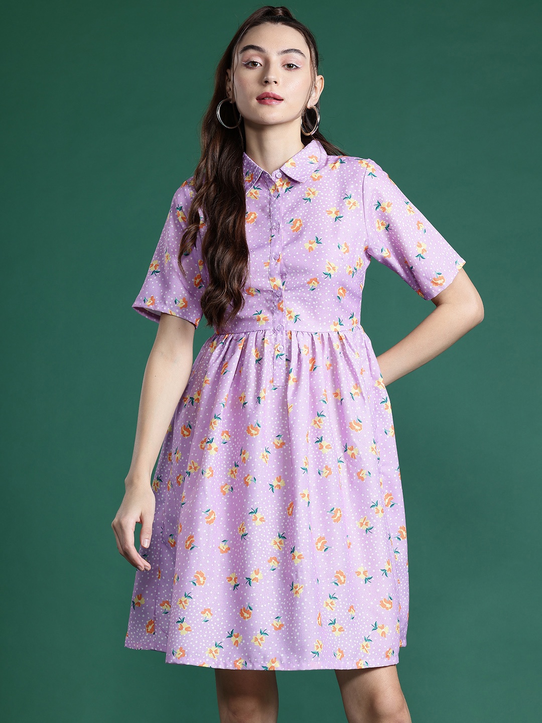 

DressBerry Floral Printed Gathered Shirt Dress, Lavender