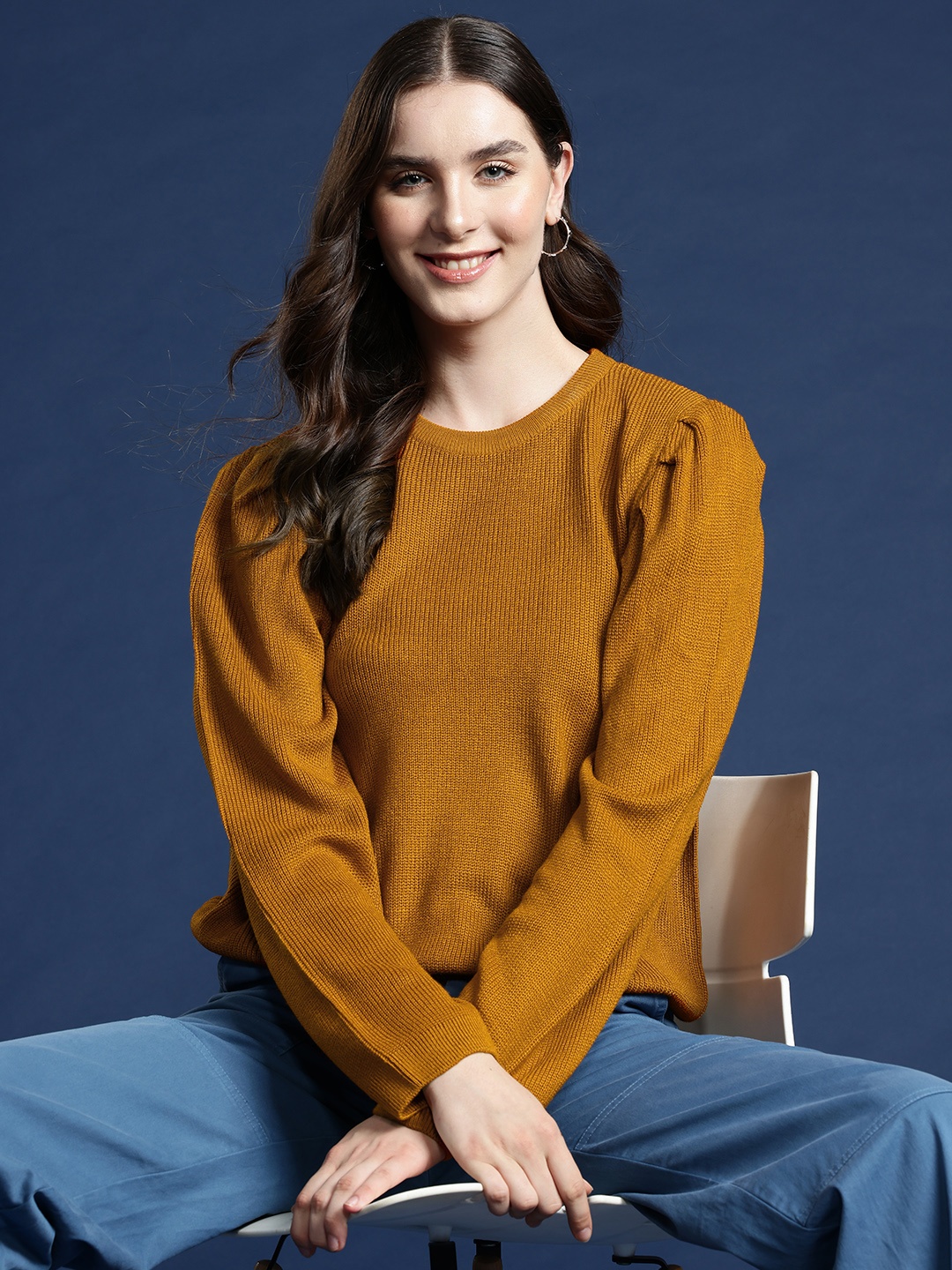 

Mast & Harbour Solid Puff Sleeves Acrylic Pullover, Mustard