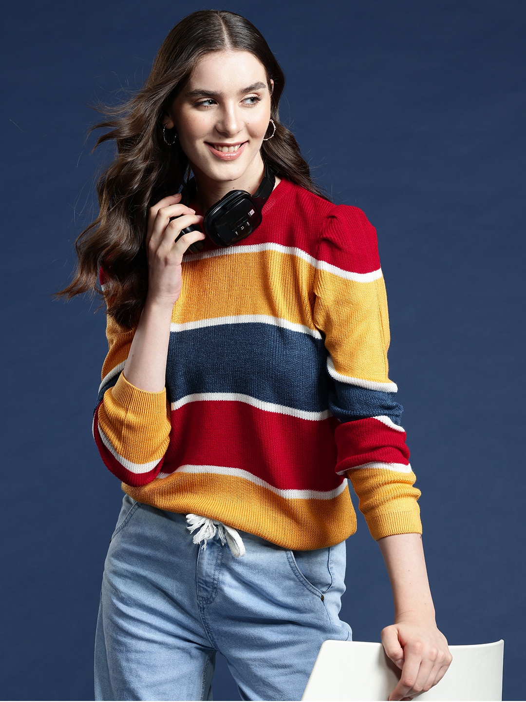 

Mast & Harbour Striped Puff Sleeves Acrylic Pullover, Red