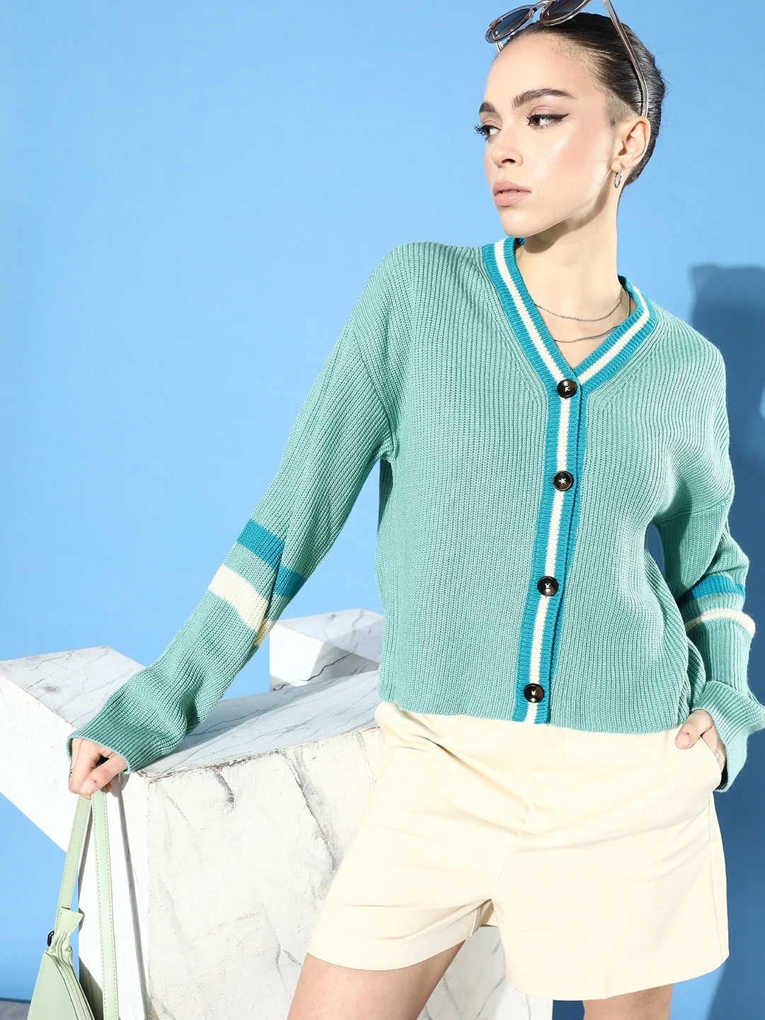 

Mast & Harbour V-Neck Self-Design Cardigan, Blue