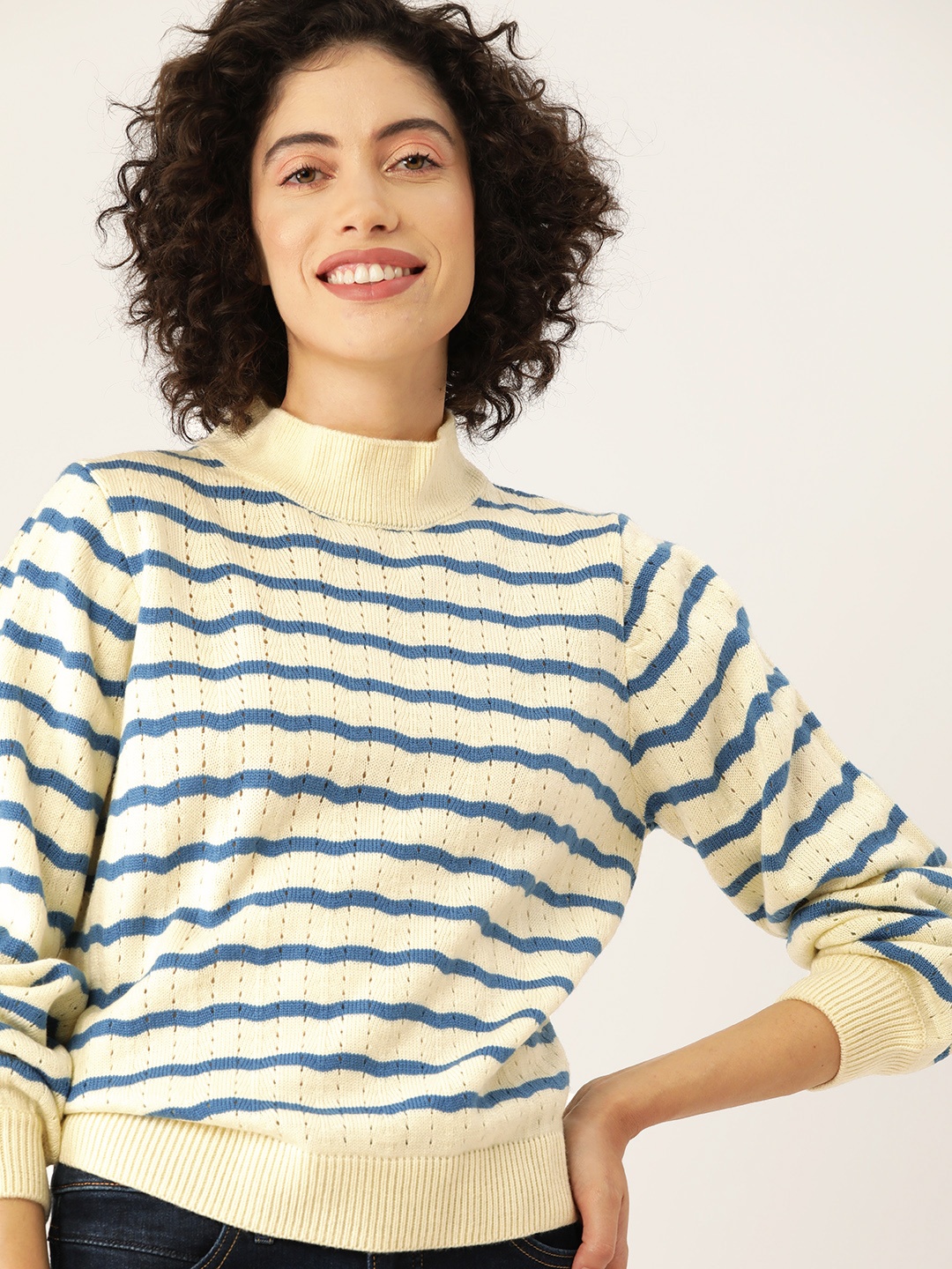 

Mast & Harbour Acrylic Open Knit Striped Pullover, Cream