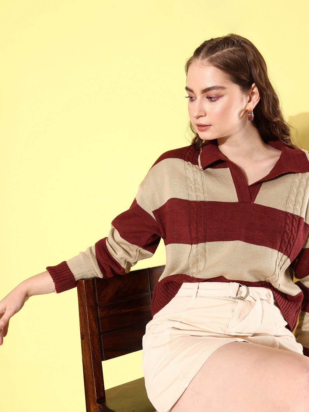 

Mast & Harbour Shirt Collar Striped Pullover, Maroon