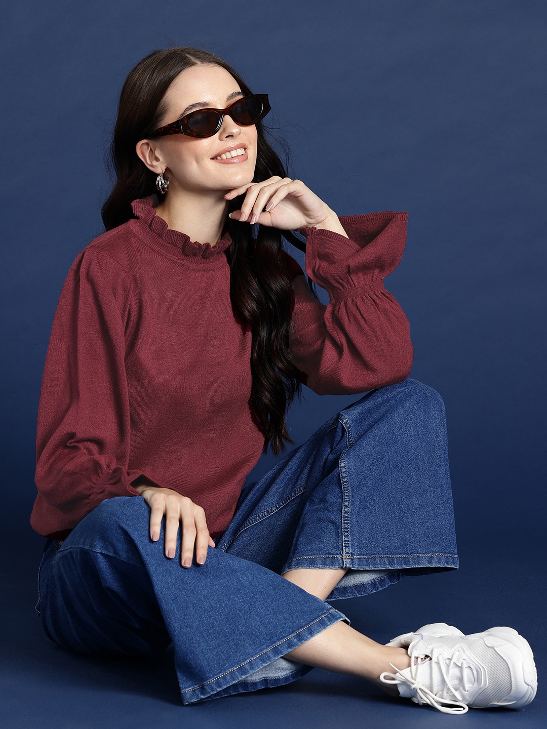 

Mast & Harbour Ruffled Detail Acrylic Pullover, Maroon