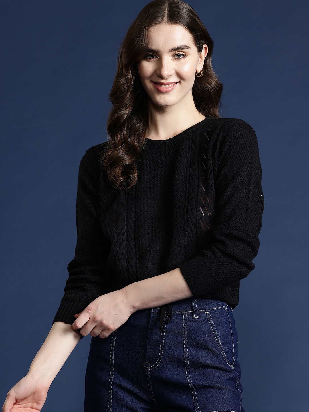 

Mast & Harbour Acrylic Self-Design Pullover, Black