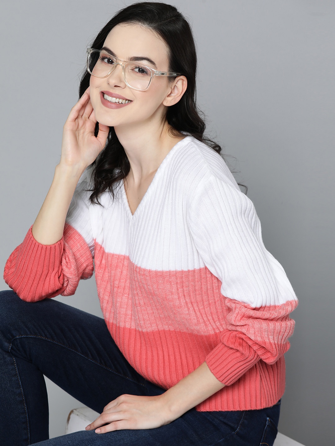 

Mast & Harbour V-Neck Striped Pullover, White