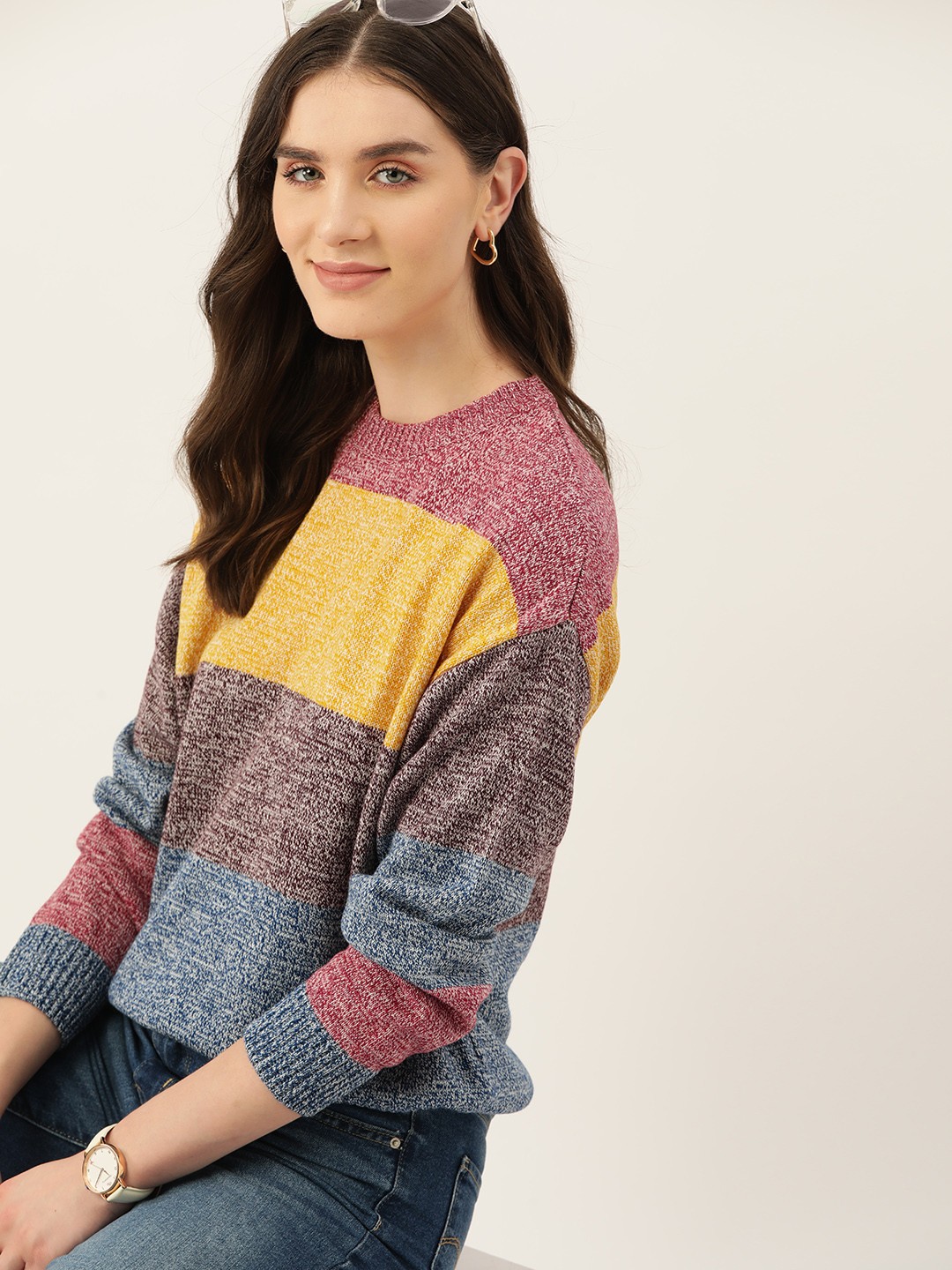 

Mast & Harbour Women Striped Acrylic Pullover, Mustard