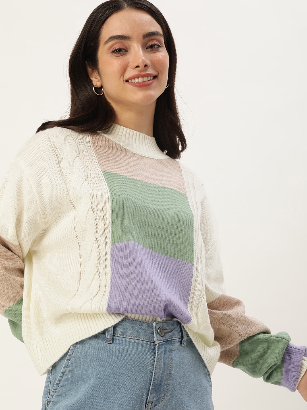 

Mast & Harbour Colourblocked Cable Knit Pullover, Off white