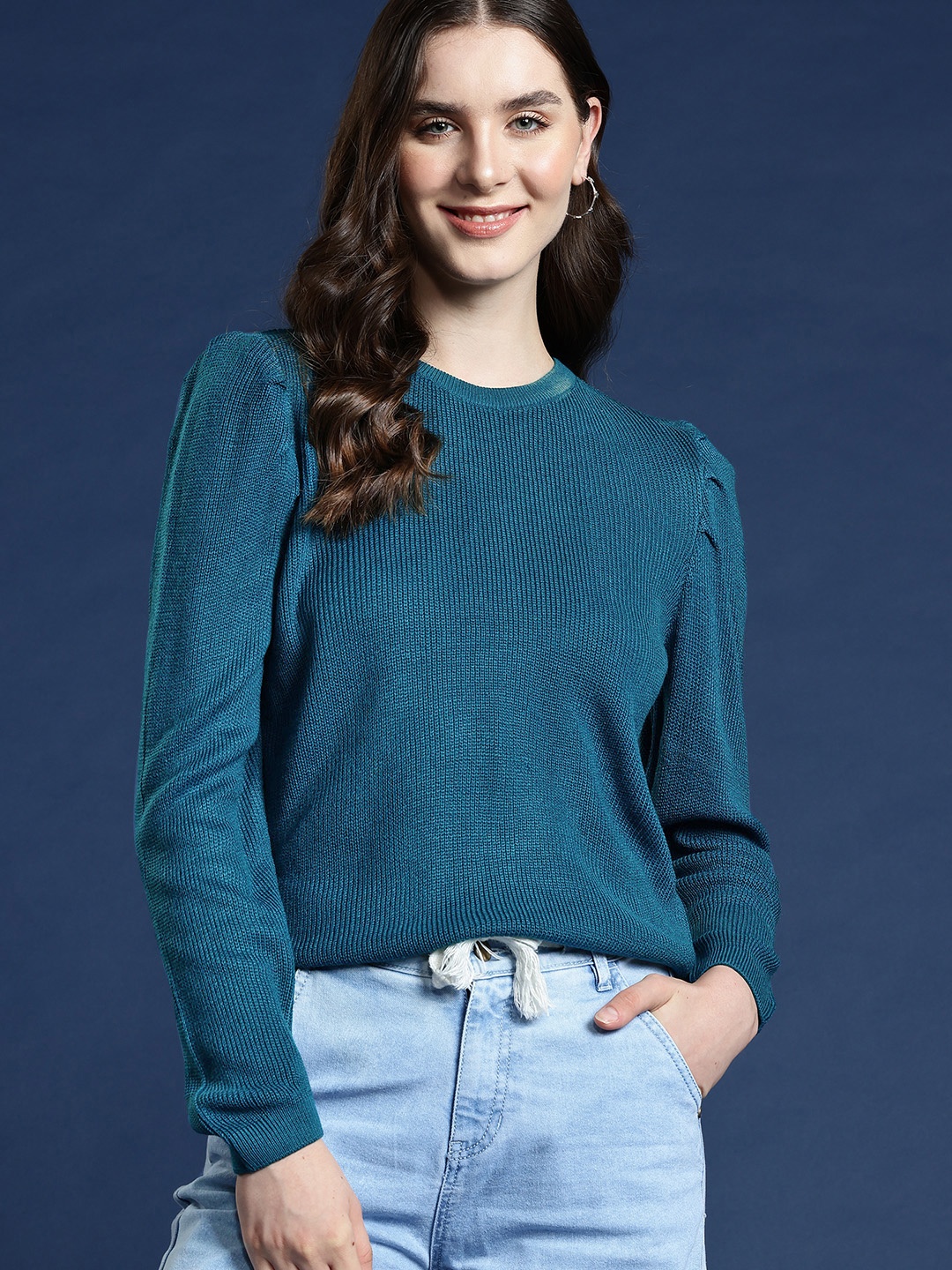 

Mast & Harbour Solid Puff Sleeves Acrylic Pullover, Teal