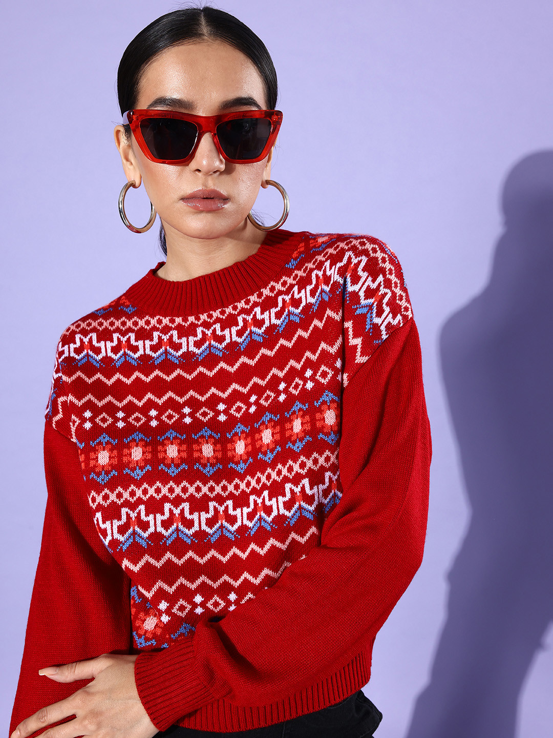 

Mast & Harbour Geometric Self-Design Acrylic Pullover, Red