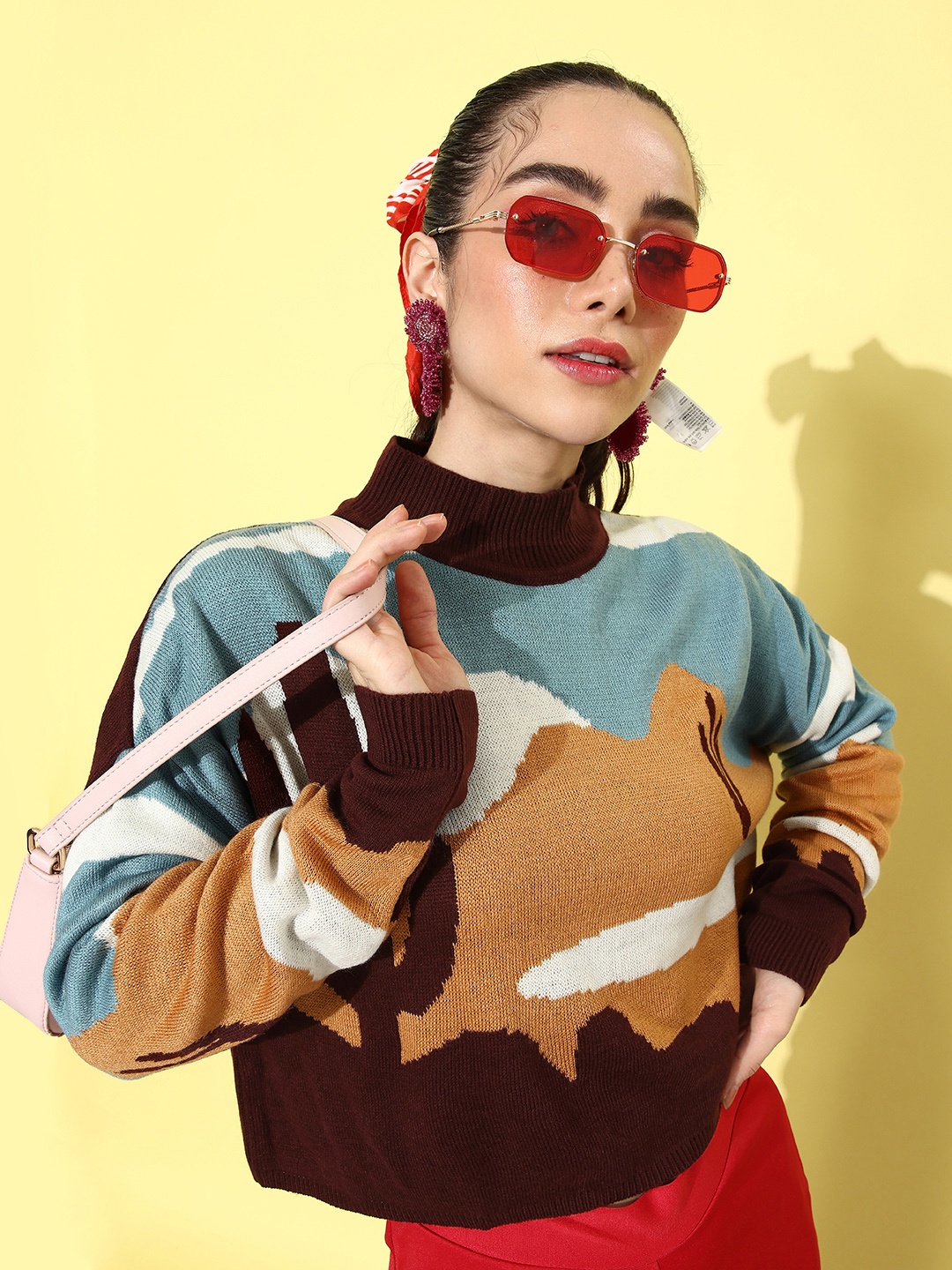 

Mast & Harbour Warm Beige Abstract Embroidered High-Neck Tweed Crop Pullover Sweater
