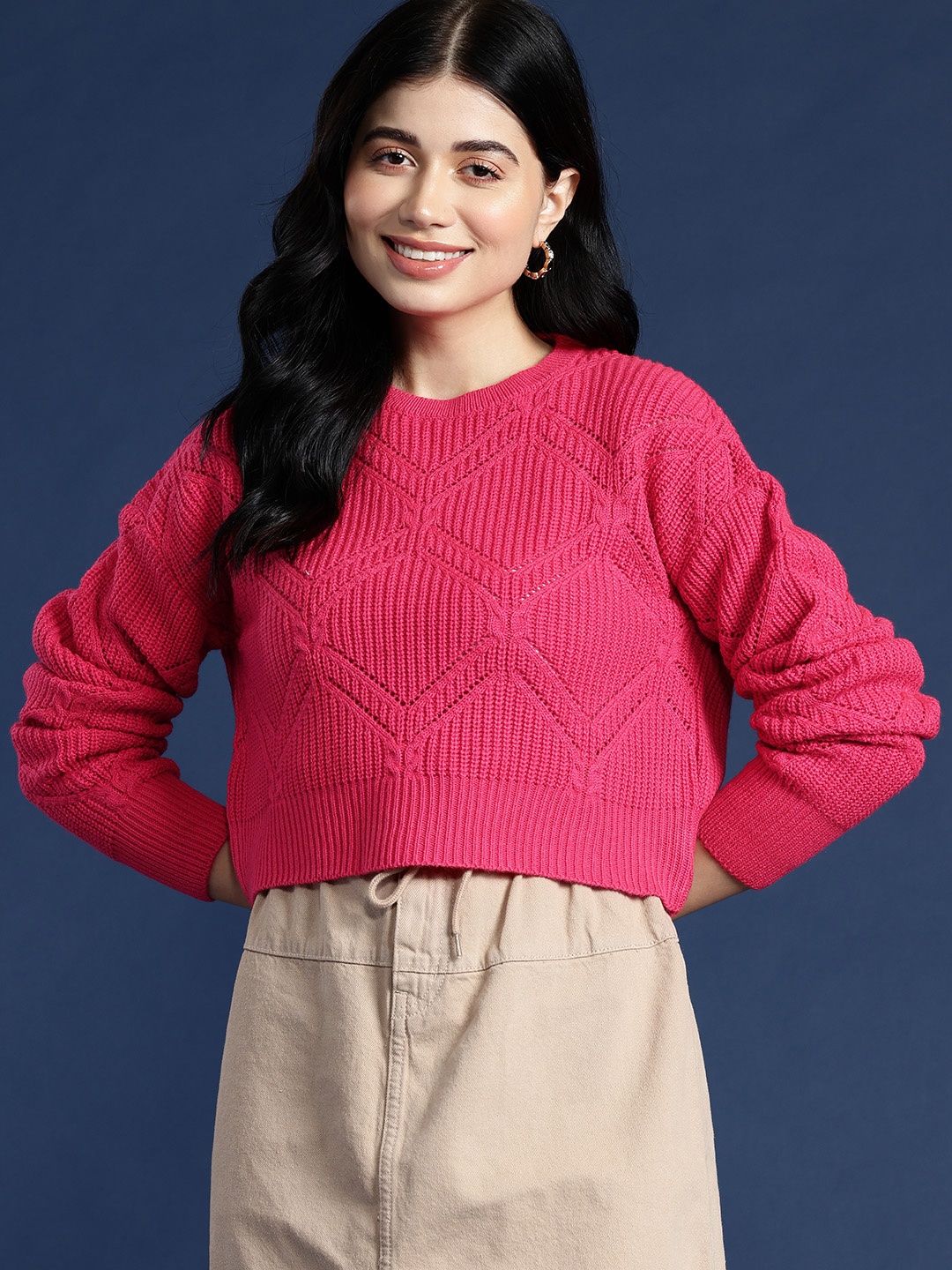 

Mast & Harbour Knitted Drop Full-Sleeves Crop Pullover, Pink