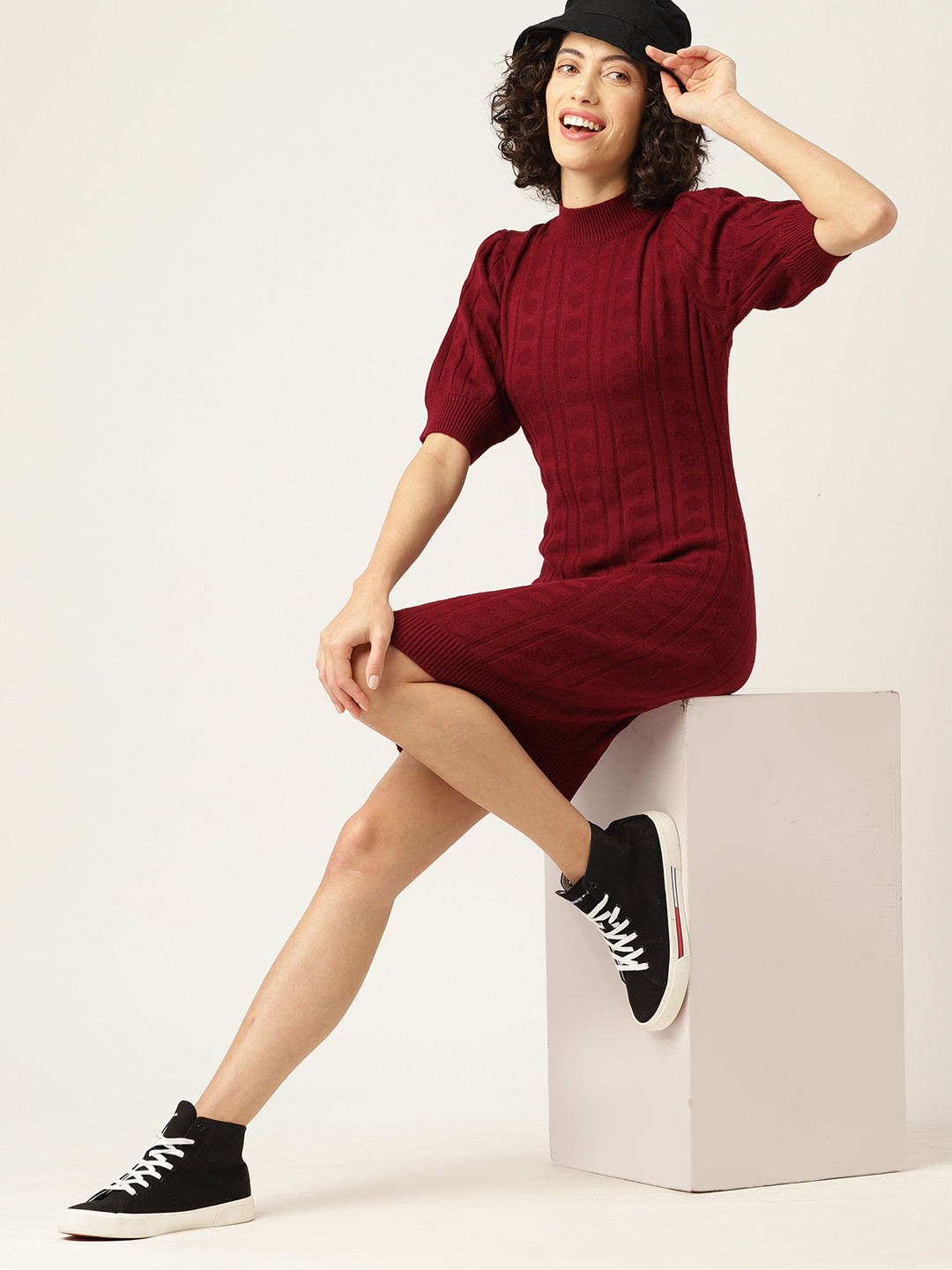 

Mast & Harbour Cable Knit Puff Sleeve Acrylic Sweater Dress, Maroon