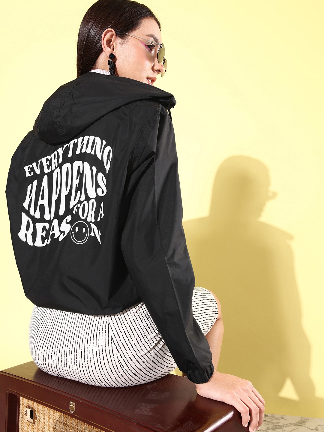 

Mast & Harbour Printed Hooded August Optimistic Autumn-Positive Slogans Tailored Jacket, Black