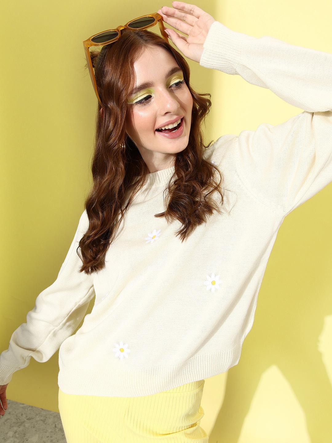 

Mast & Harbour Cream-Coloured Floral Embroidered Winter wonders Pullover Sweater