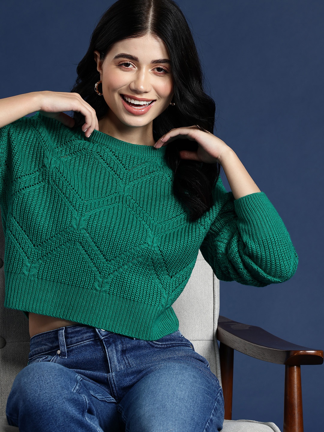 

Mast & Harbour Pure Acrylic Self Design Pullover, Green