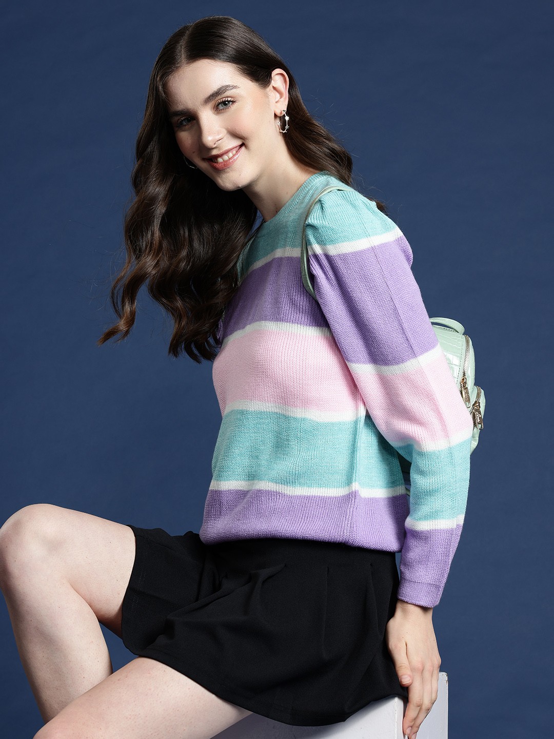 

Mast & Harbour Striped Puff Sleeves Acrylic Pullover, Lavender