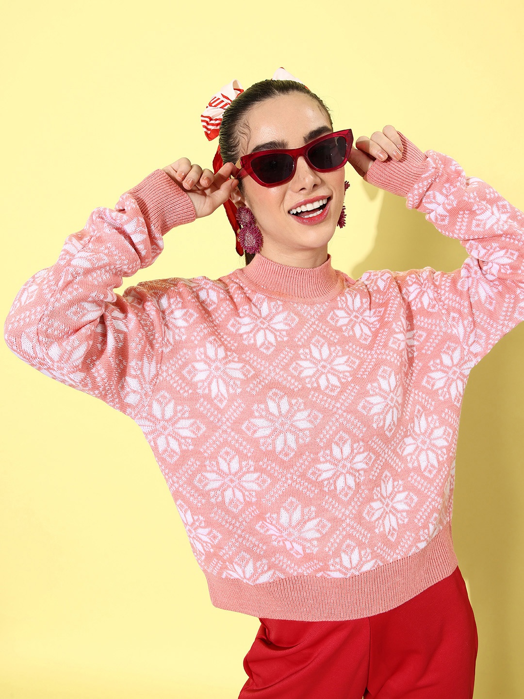 

Mast & Harbour Pretty Rose Geometric Embroidered Winter wonders High-Neck Pullover Sweater