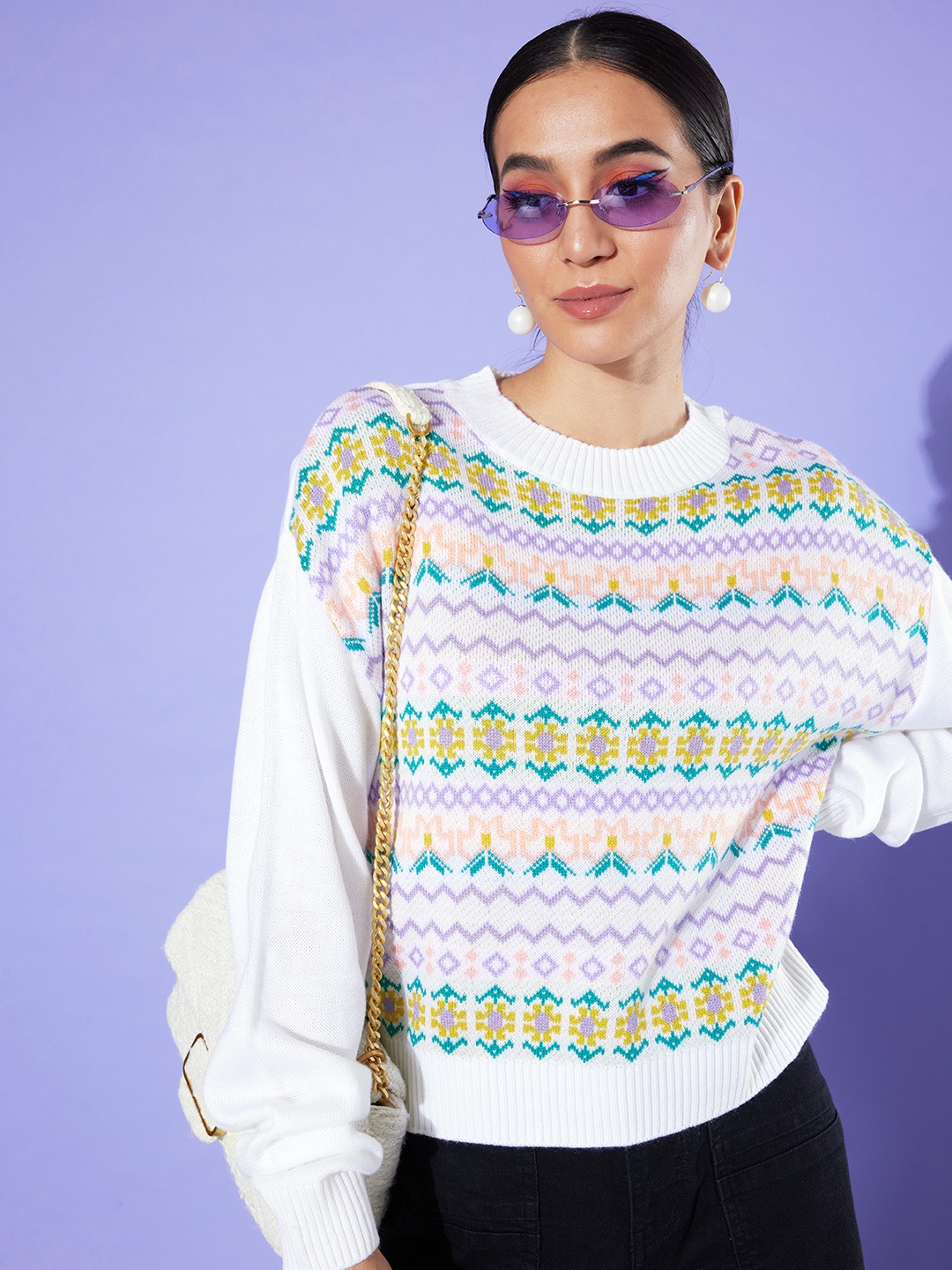 Mast & Harbour Round Neck Self-Design Geometric Pullover, White