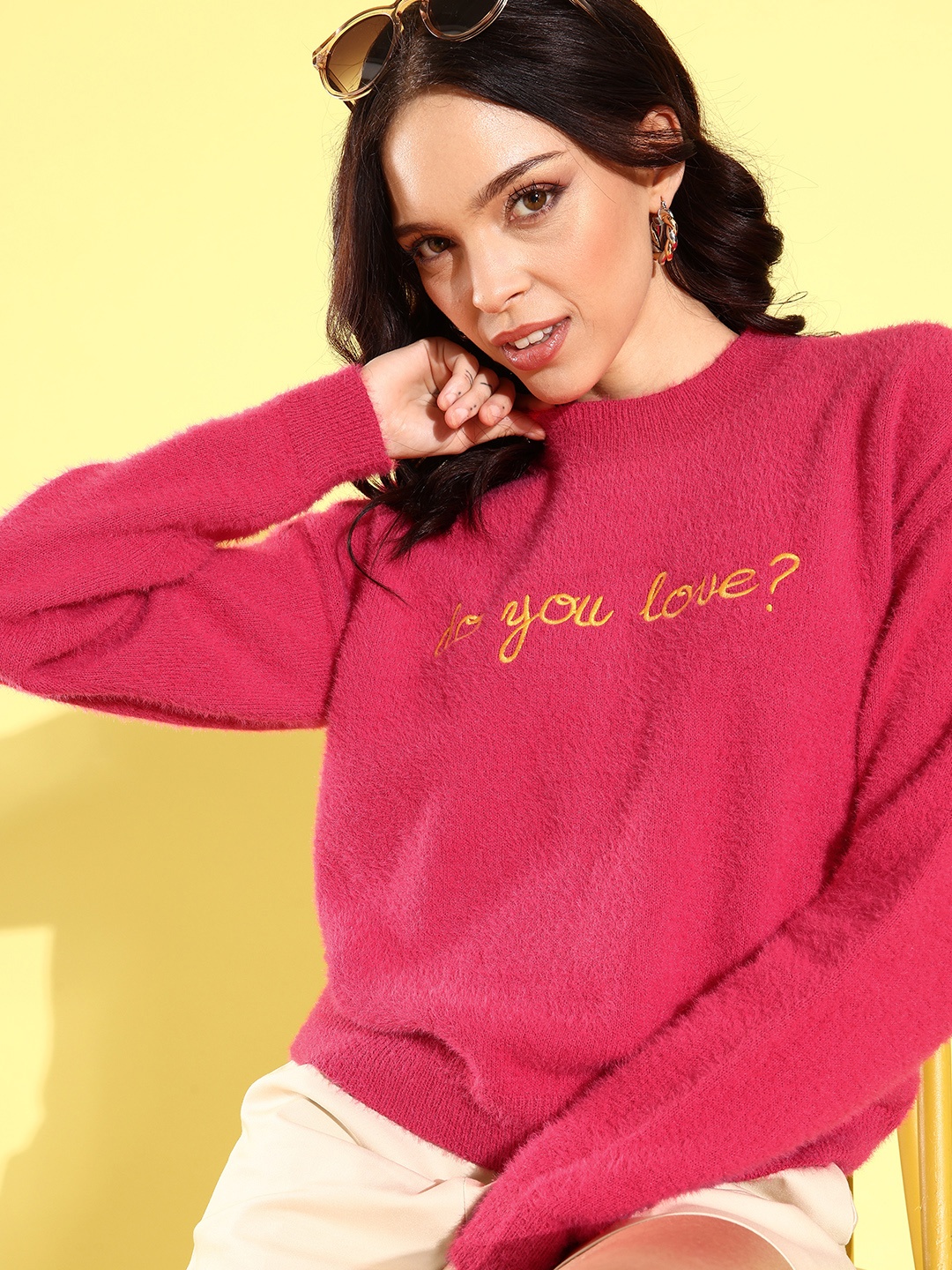 

Mast & Harbour Typography Pullover with Embroidered Detail, Pink