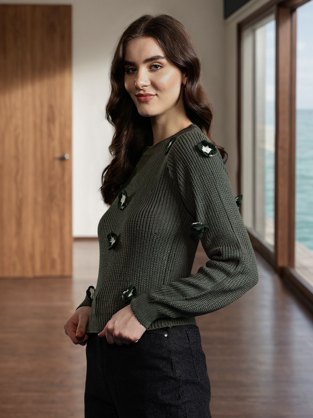 

Mast & Harbour Embroidered Detail Ribbed Acrylic Pullover, Olive