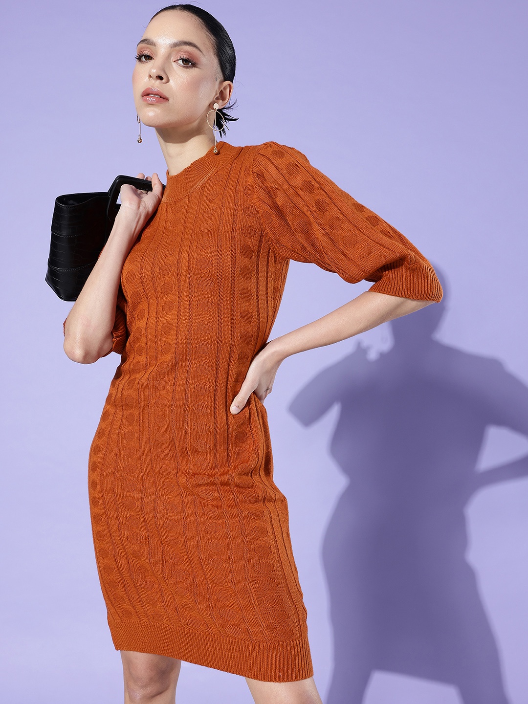 

Mast & Harbour Optimistic Autumn Self-Design Knitted Puff Sleeves Acrylic Jumper Dress, Rust