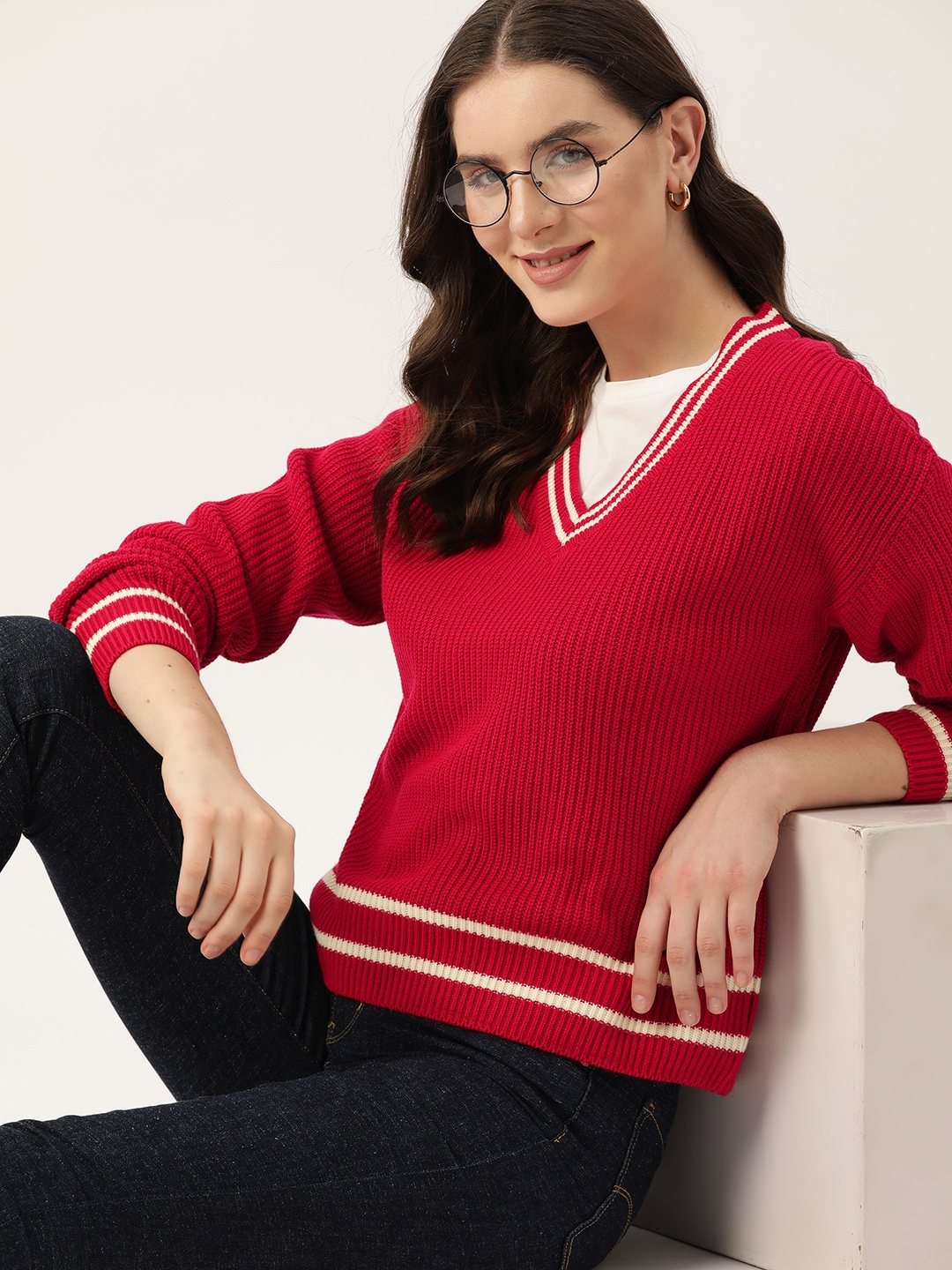 

Mast & Harbour Acrylic Cable Knit Pullover, Red