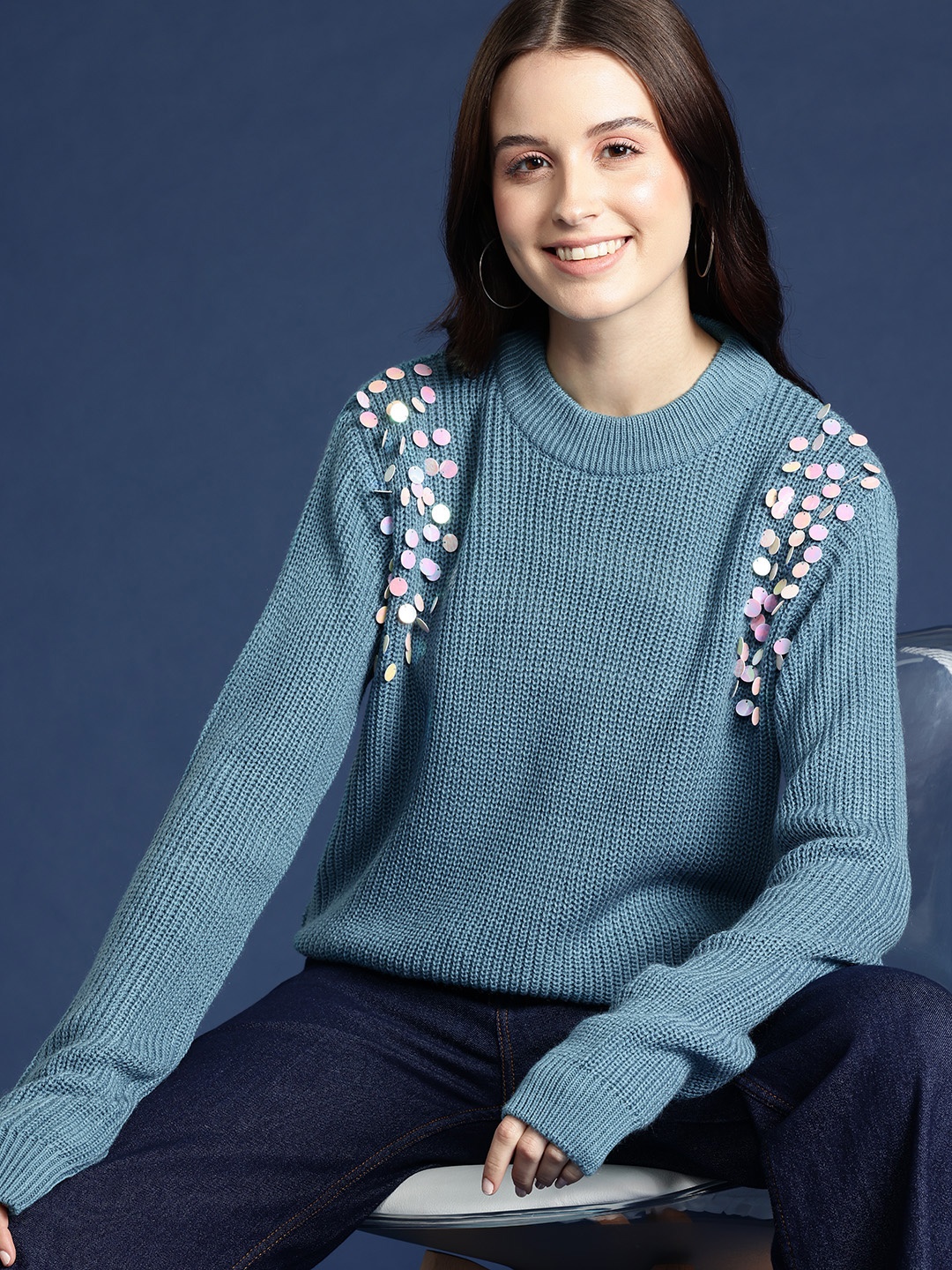 

Mast & Harbour Embellished Detail Ribbed Acrylic Pullover, Teal