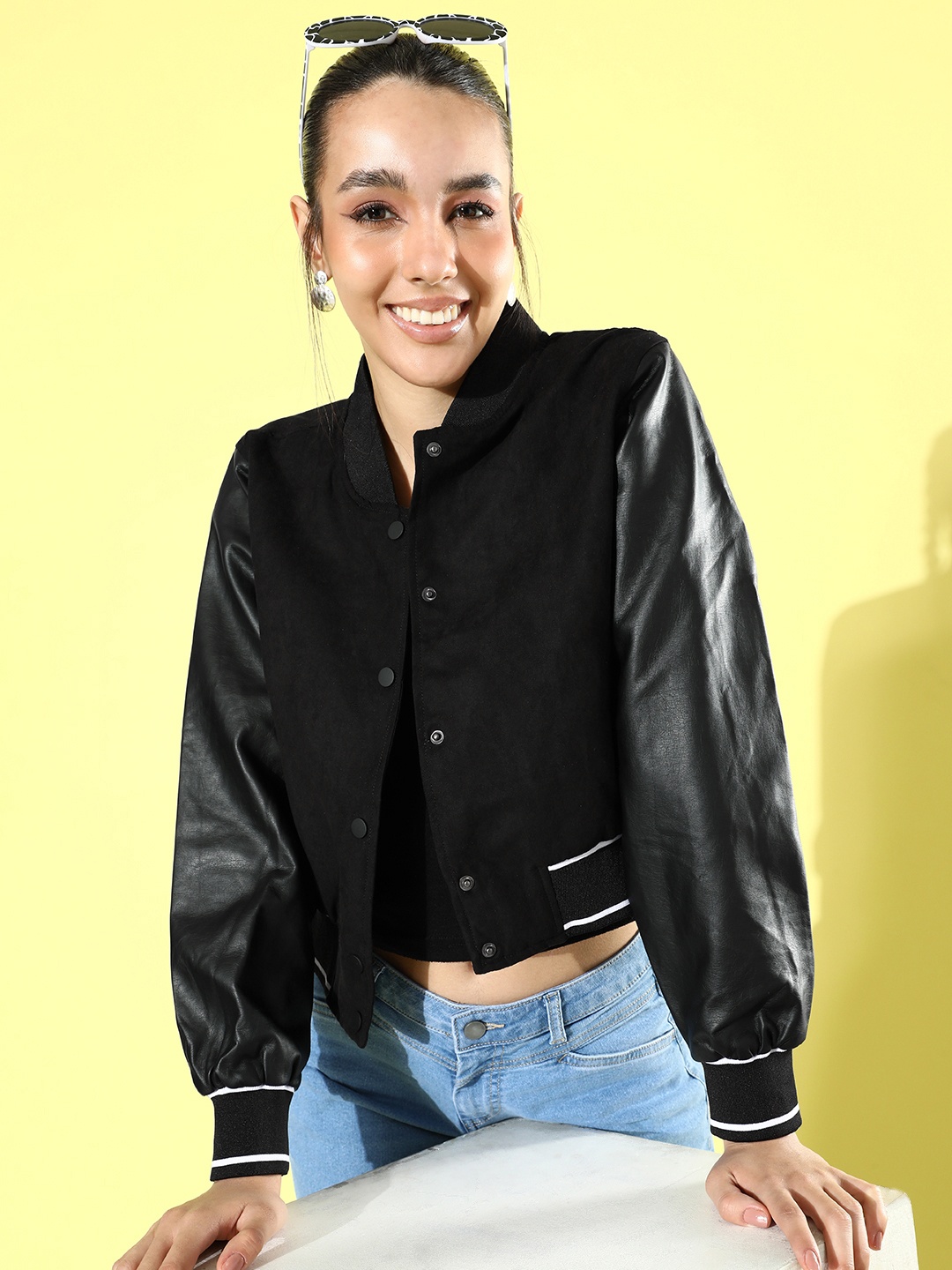 

Mast & Harbour Solid Stand-Collar Leather Jacket, Black