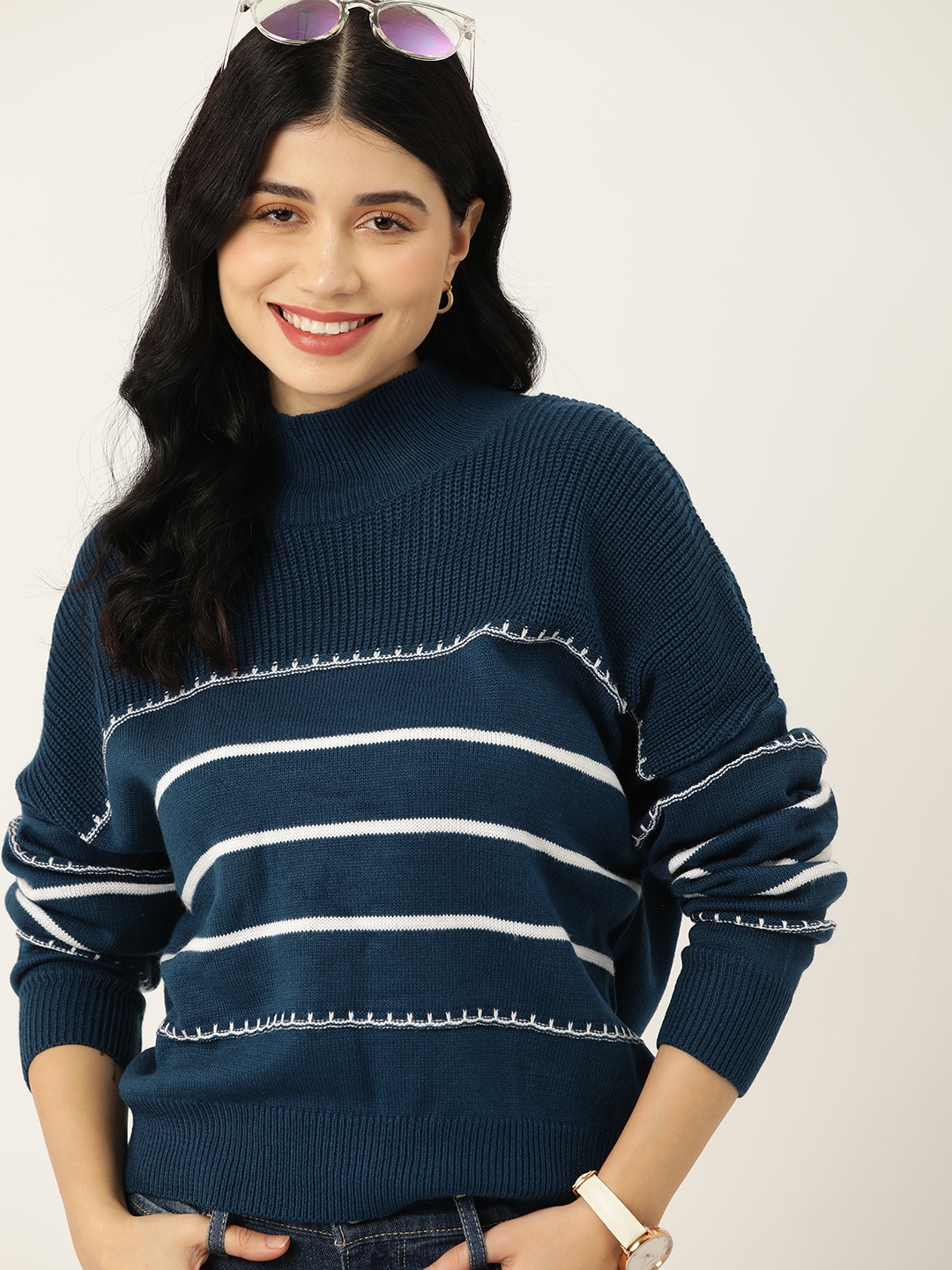 

Mast & Harbour Women Striped Acrylic Pullover, Navy blue