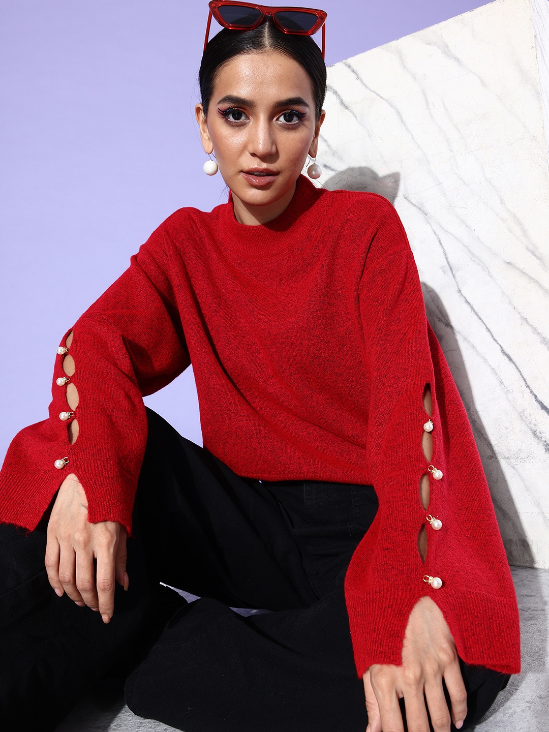 

Mast & Harbour Round Neck Open-Knitted Acrylic Pullover, Red