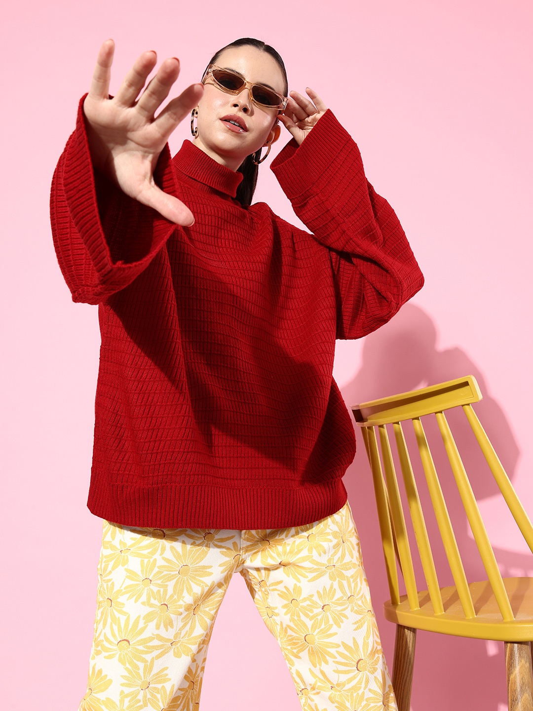 

Mast & Harbour Turtle Neck Self-Design Pullover, Red