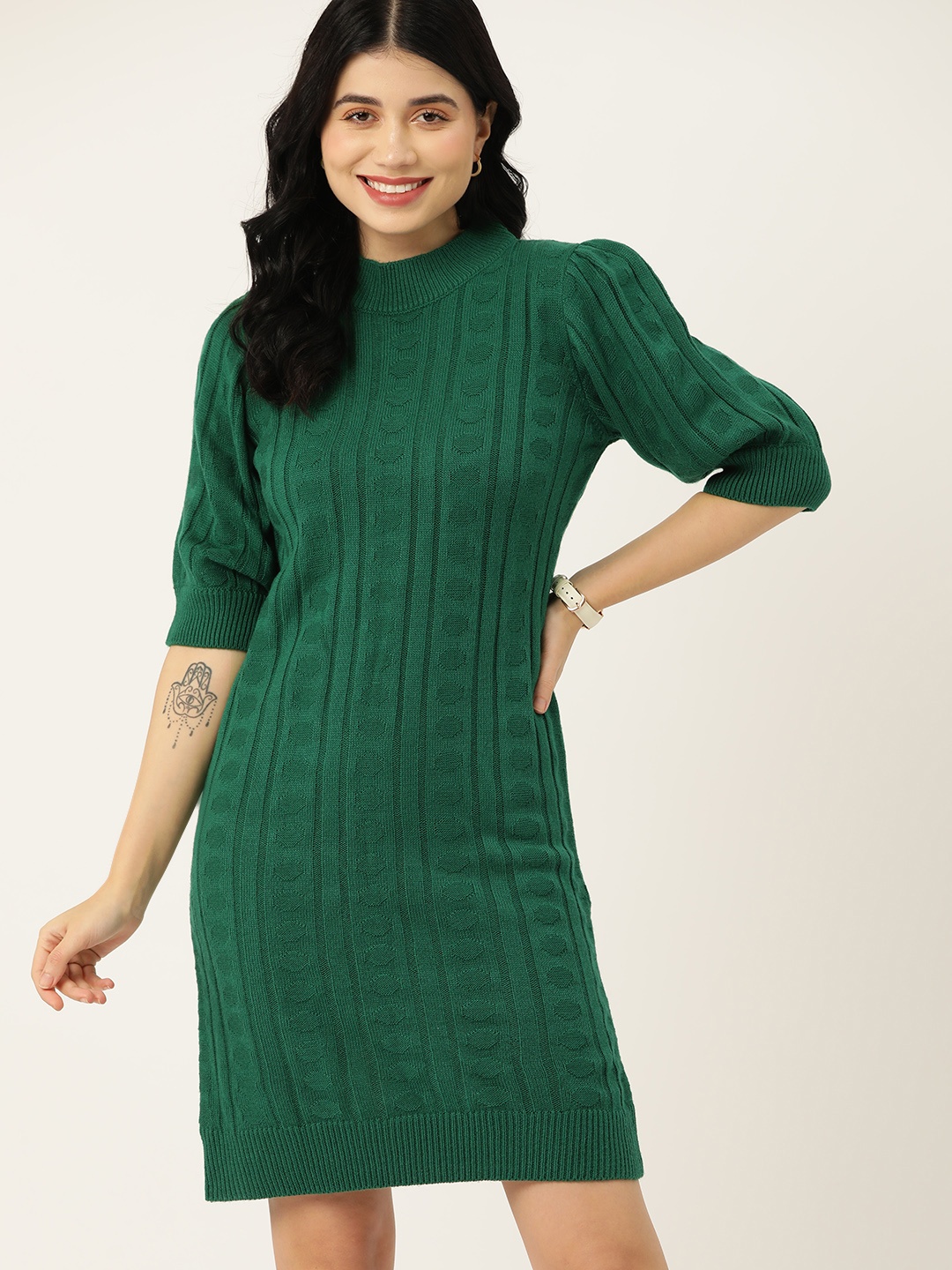 

Mast & Harbour Cable Knit Acrylic Puff Sleeve Jumper Dress, Green
