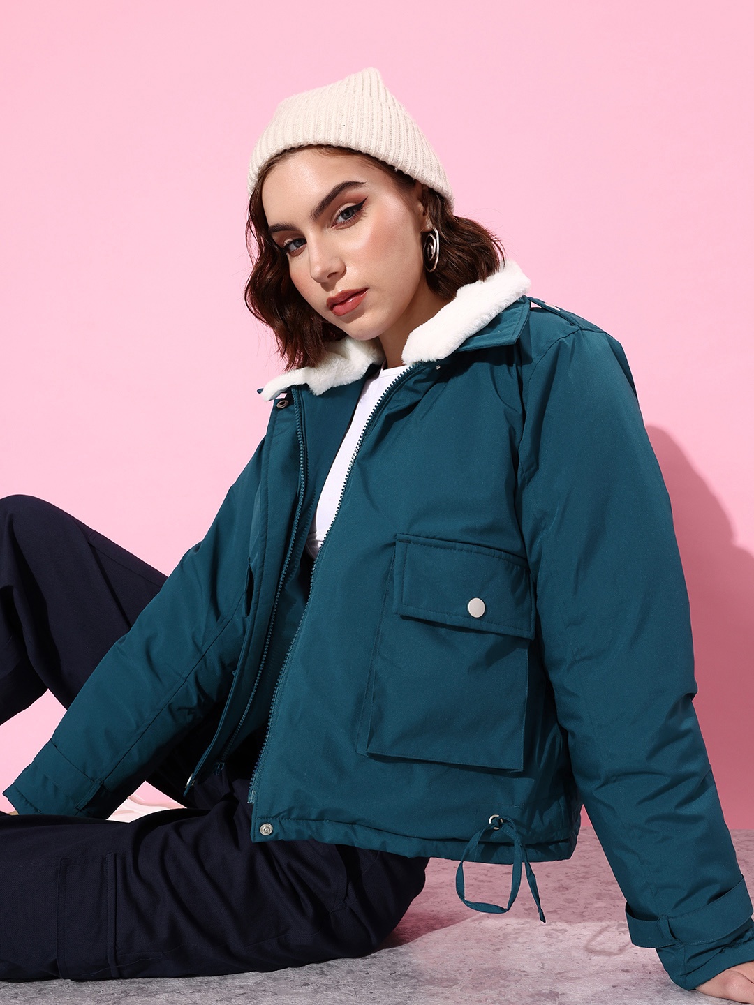 

Mast & Harbour Solid Faux Fur Trim Puffer Jacket, Teal