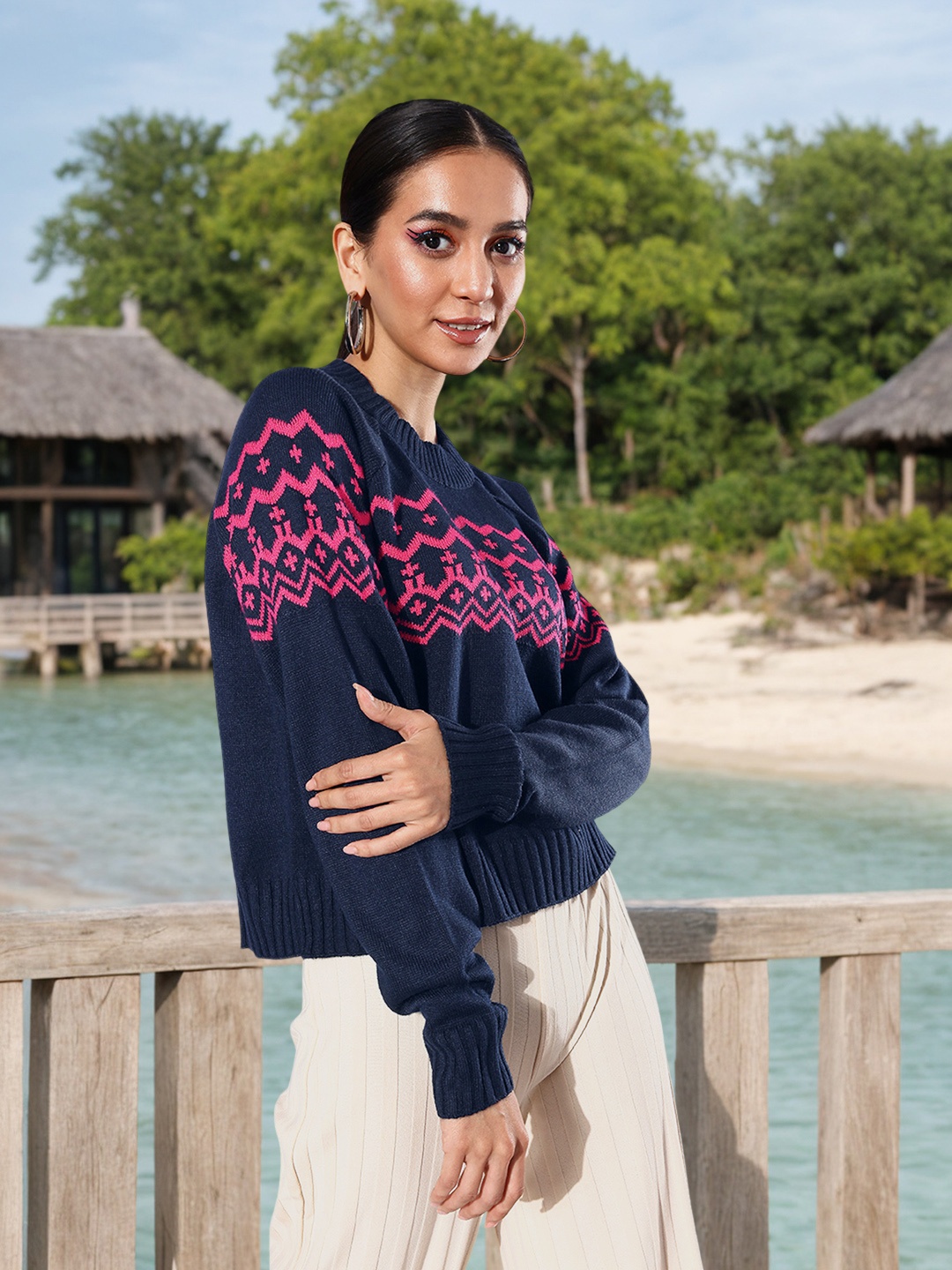 

Mast & Harbour Self-Design Geometric Acrylic Pullover, Navy blue