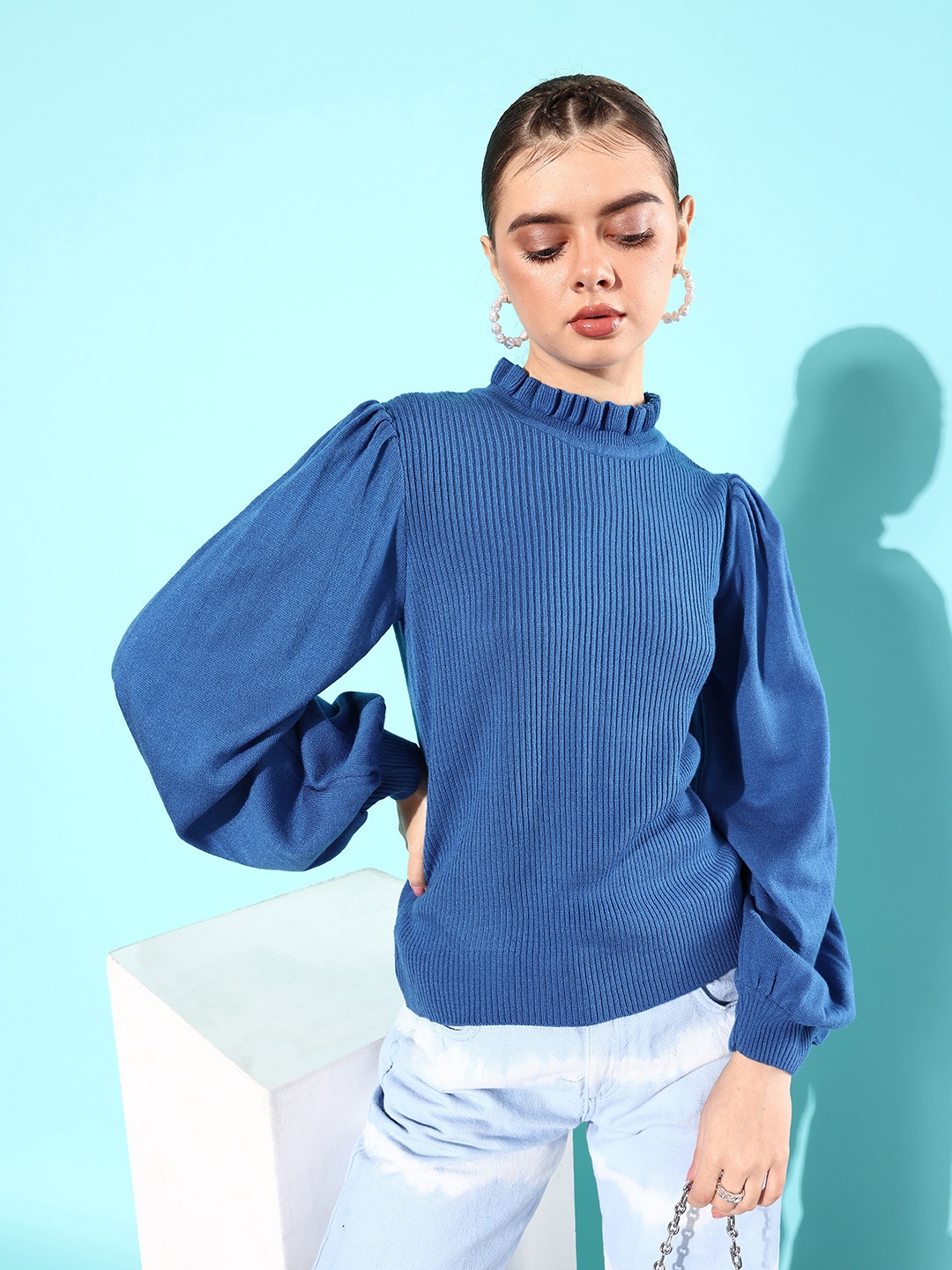 

Mast & Harbour High Neck With Ruffle Detail Ribbed Pullover, Blue