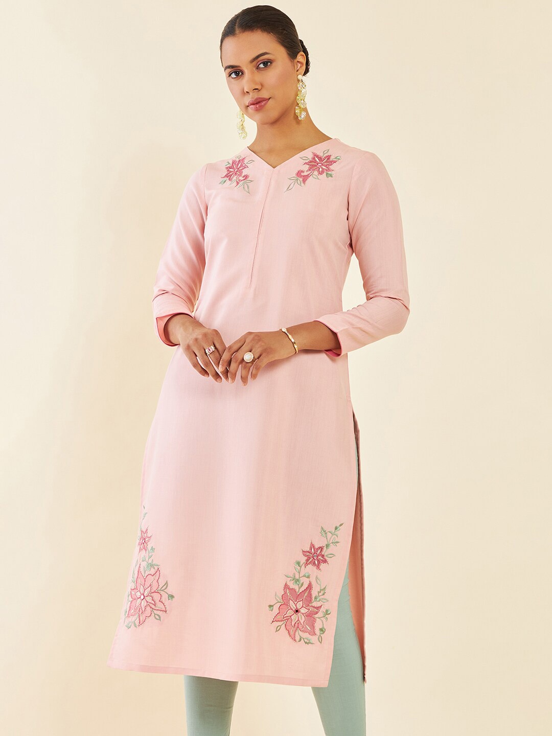 

Soch Peach-Coloured Floral Embroidered Straight Kurta