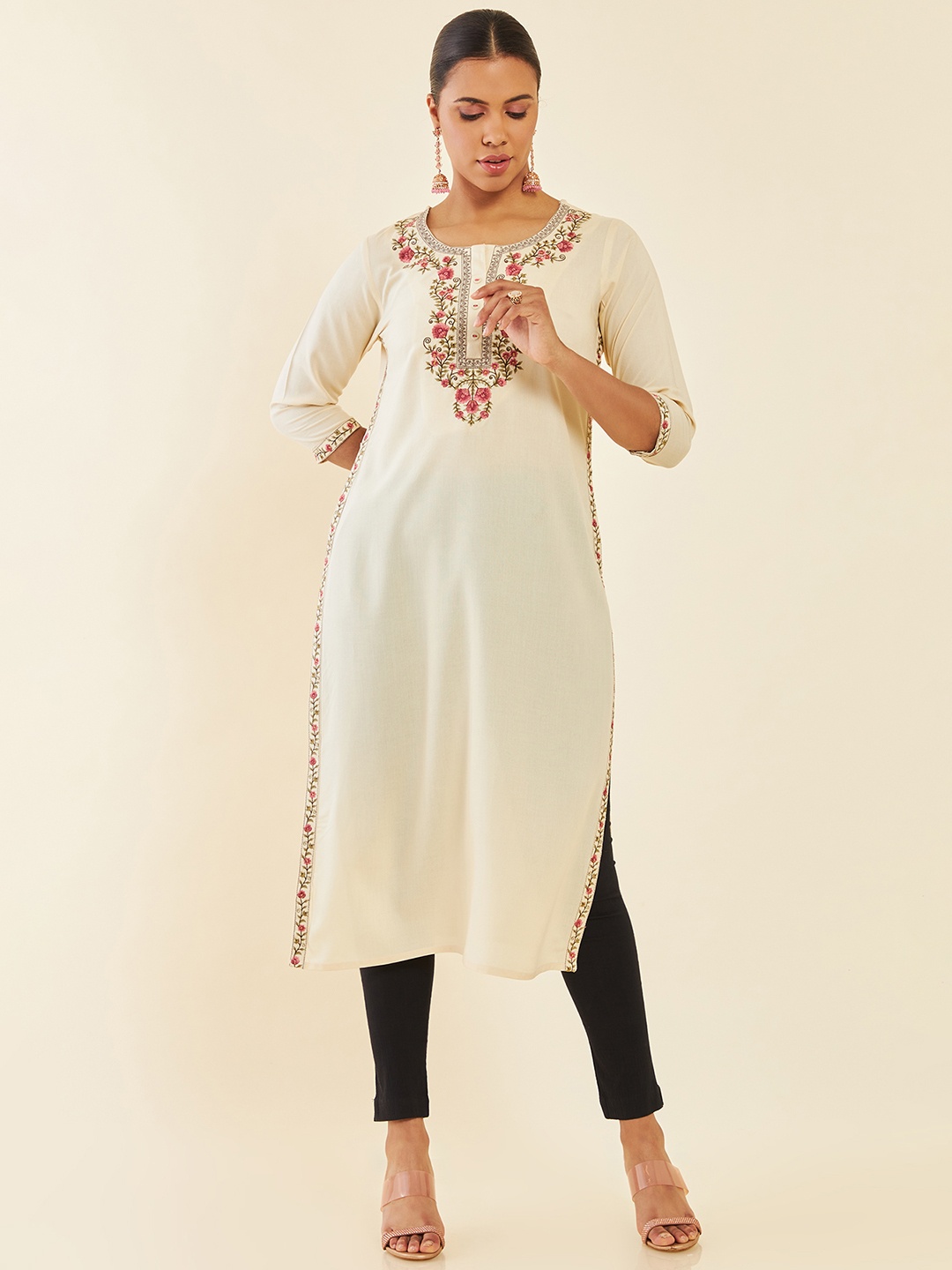 

Soch Beige Floral Embroidered Thread Work Kurta
