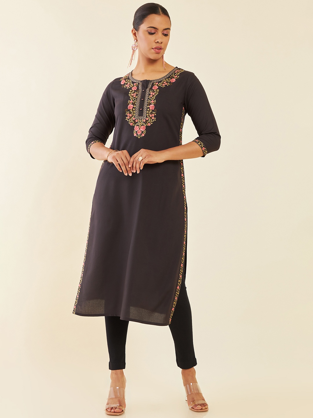 

Soch Charcoal Floral Embroidered Straight Kurta