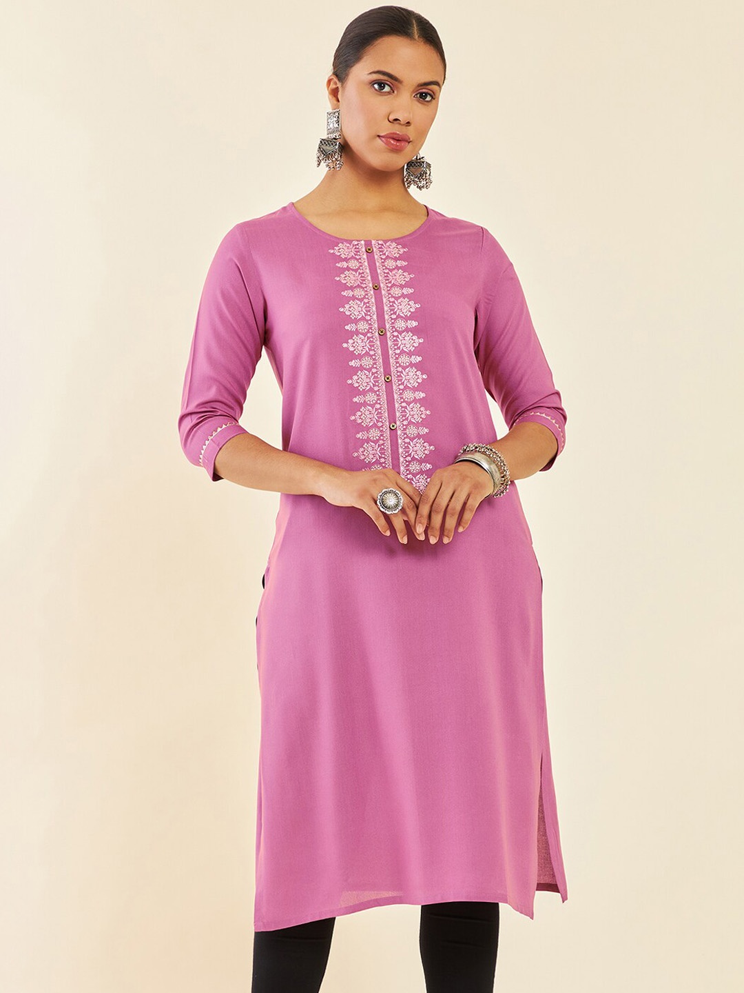 

Soch Pink Ethnic Motifs Embroidered Thread Work Straight Kurta