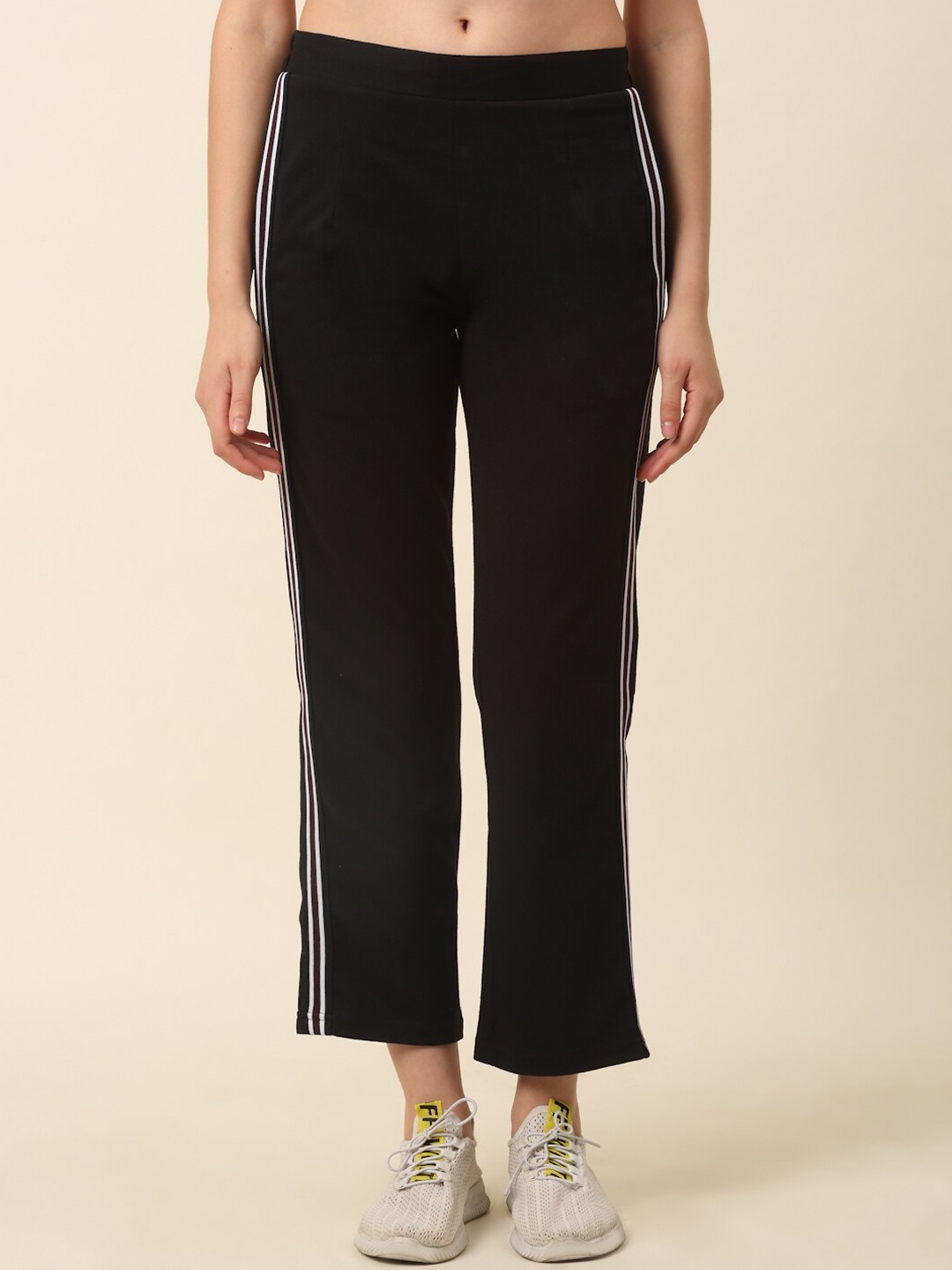 

plusS Women Side Striped Cotton Track Pant, Black