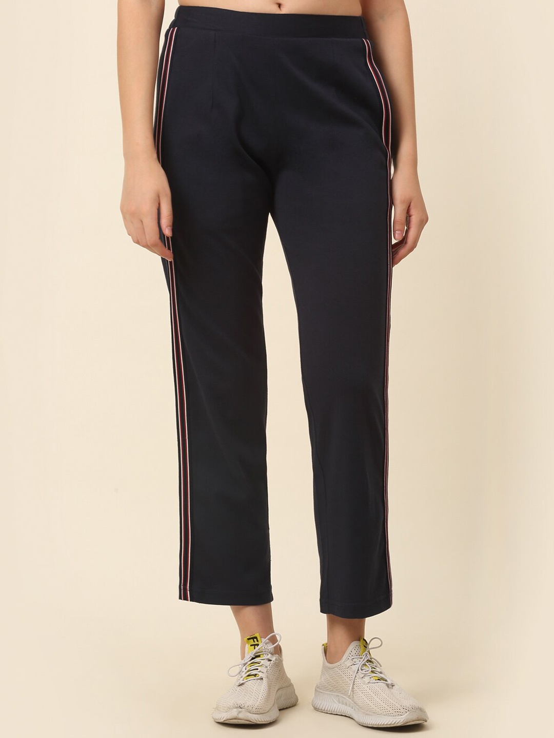 

plusS Women Side Striped Cotton Track Pants, Navy blue