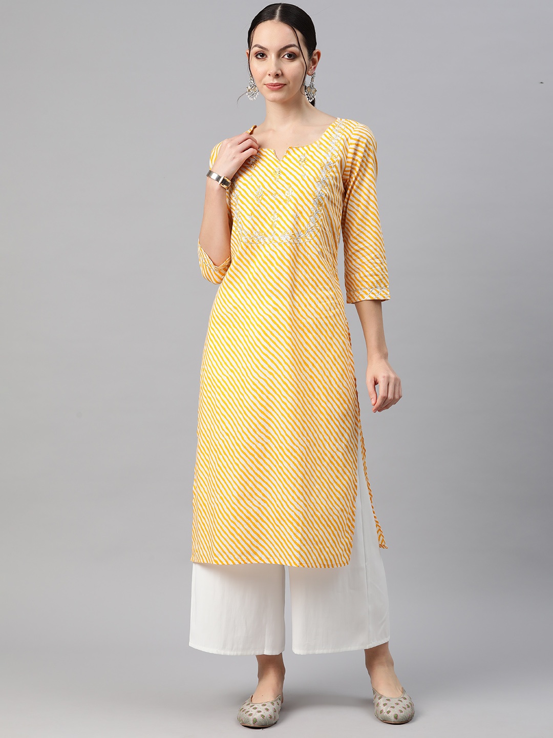 

Readiprint Women Leheriya Printed Thread Work Kurta, Yellow