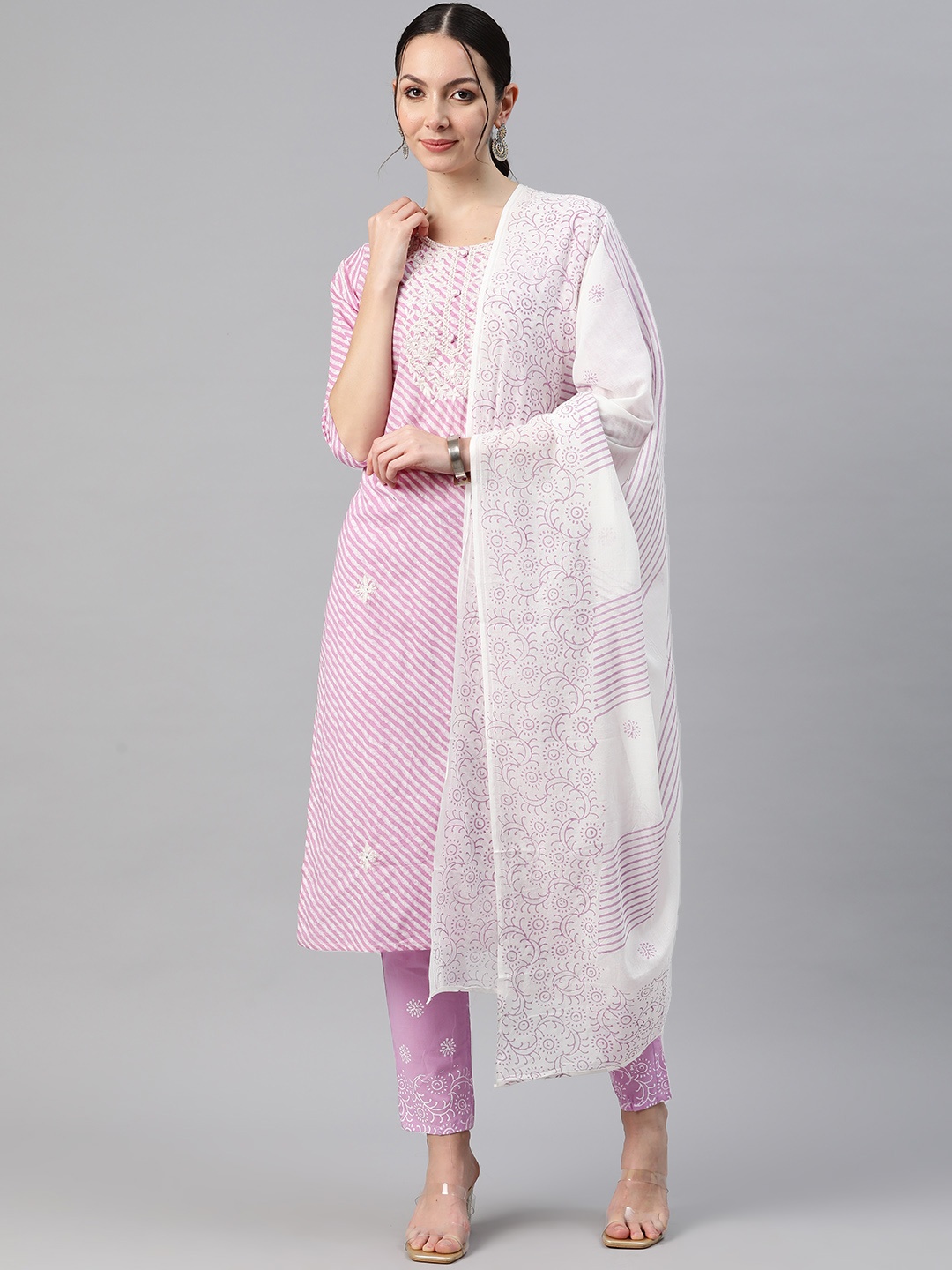 

Readiprint Fashions Women Leheriya Printed Thread Work Kurta with Trousers & With Dupatta, Lavender