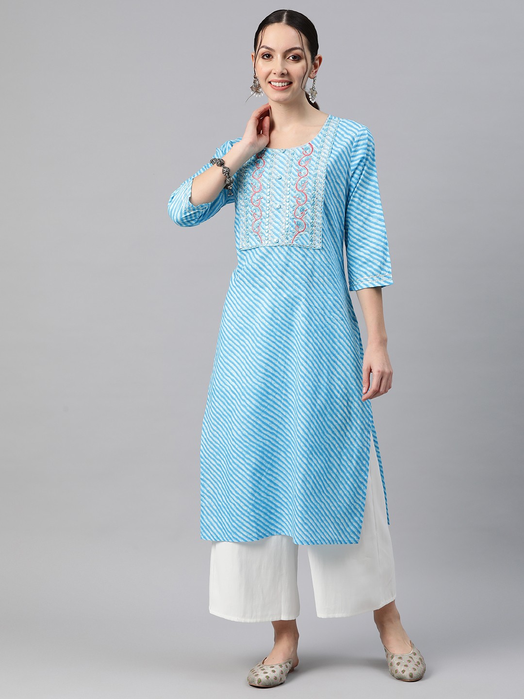 

Readiprint Fashions Women Leheriya Printed Thread Work Kurta, Blue