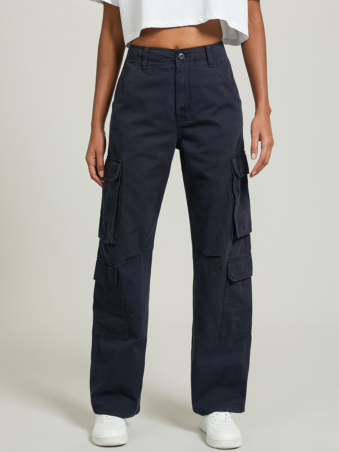 

ALCOTT Women Straight Fit Pure Cotton High-Rise Cargos, Navy blue