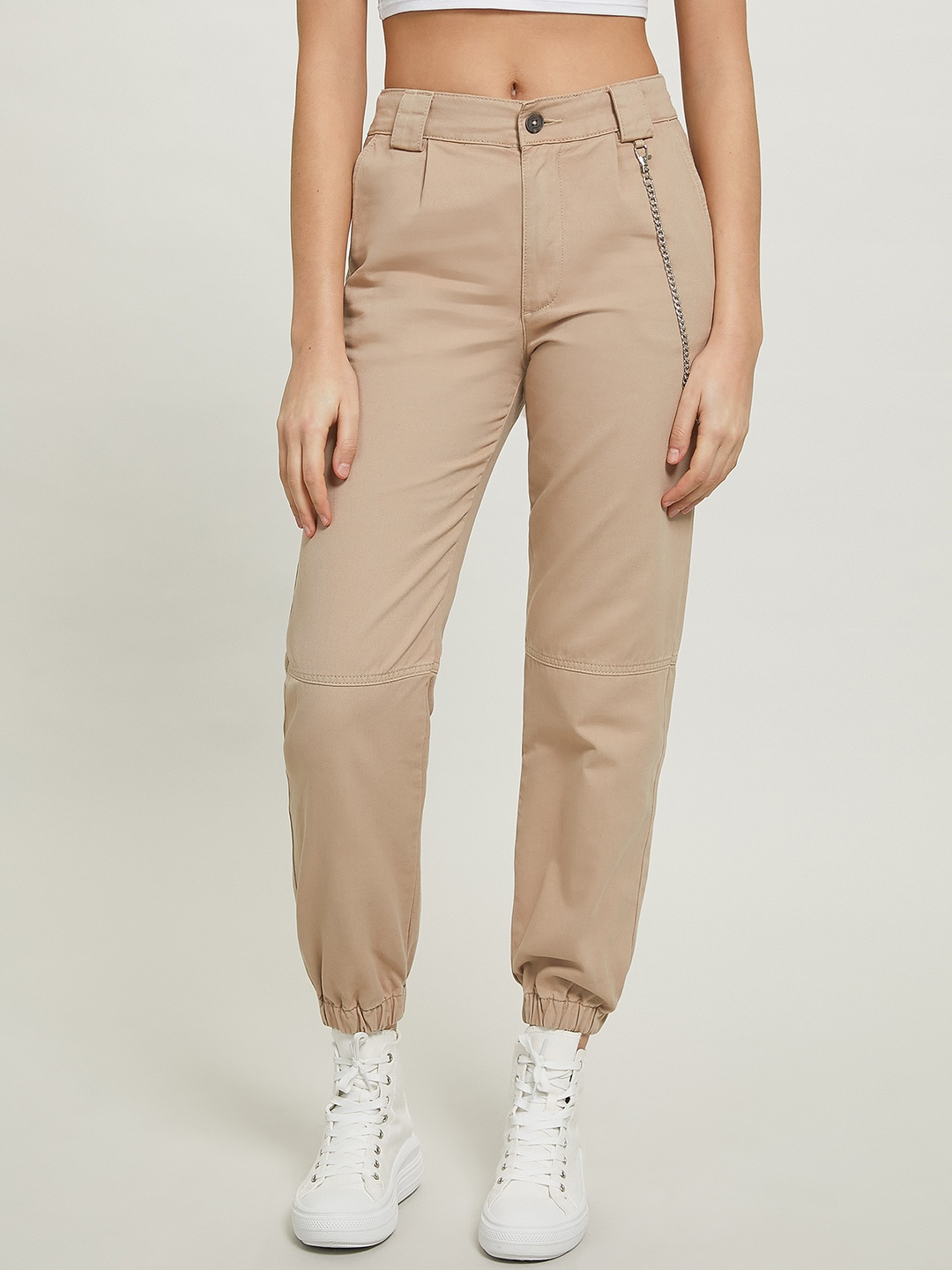 

ALCOTT Women Cotton High-Rise Joggers, Beige